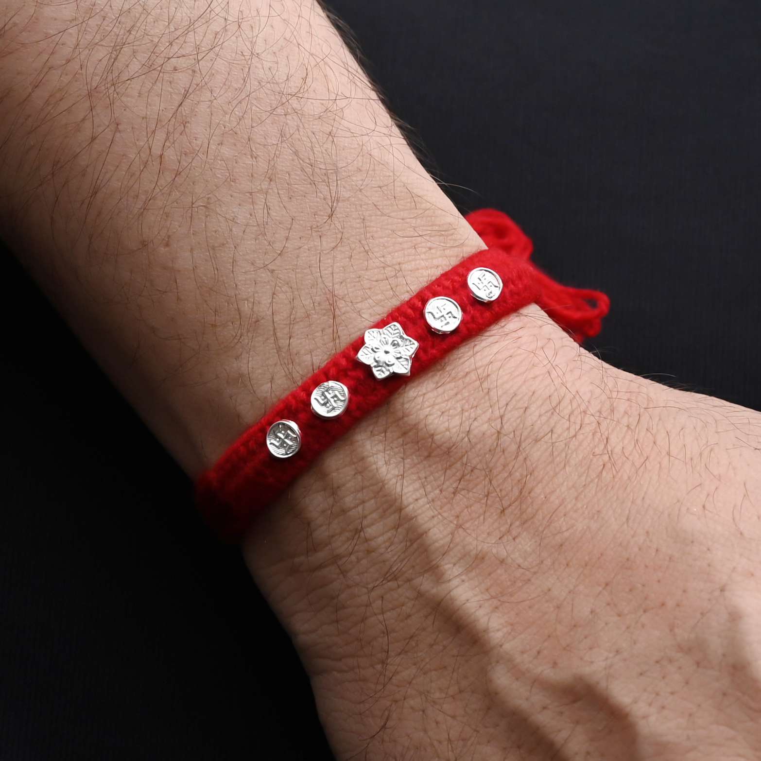 Silver Center Flower with Swasthik Rakhi for Boys - Image 3