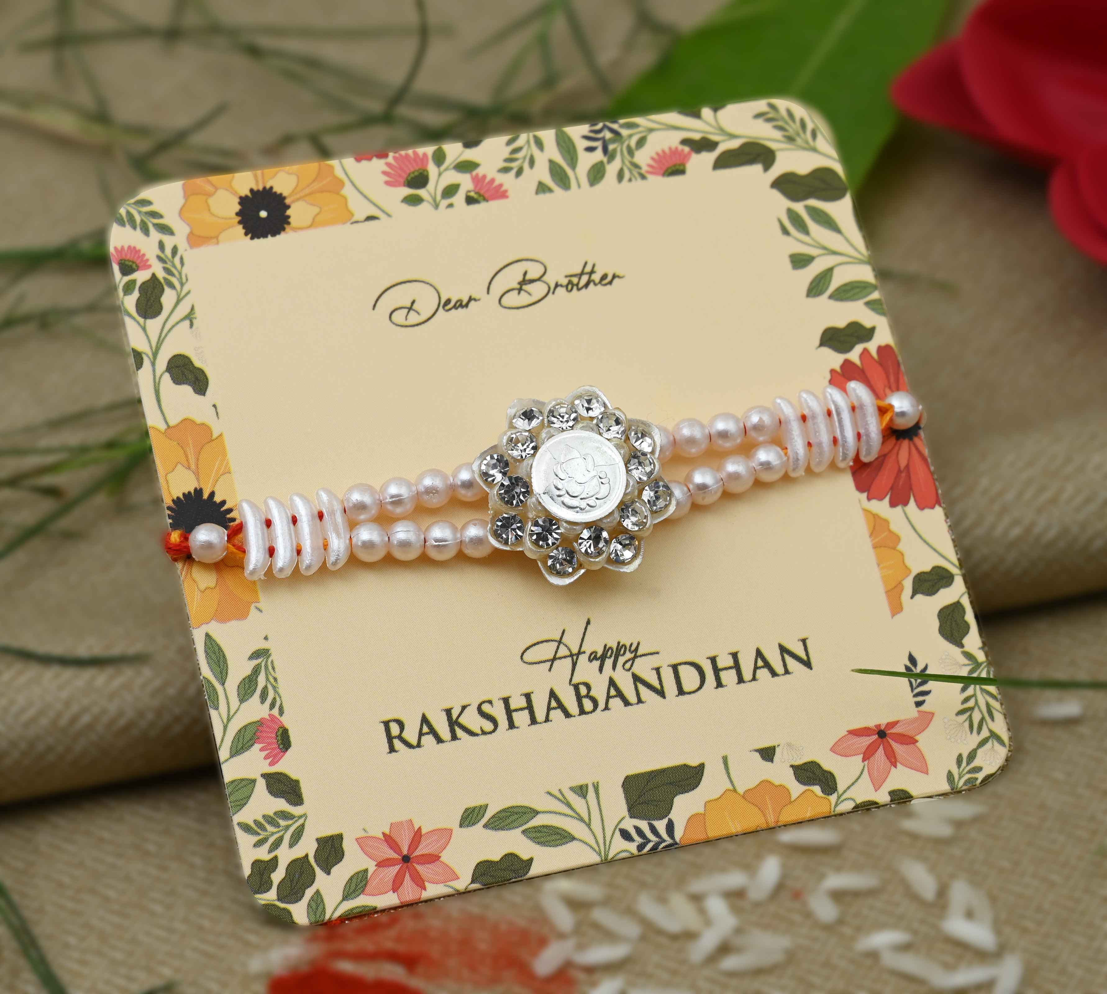 Silver Center Ganesh Ji with Pearls Rakhi for Boys