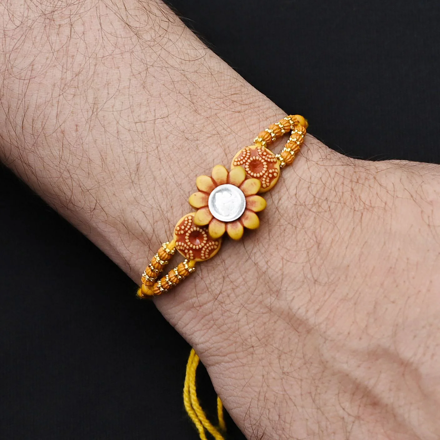 Silver Center Ganesh Ji with Wooden Theme Flower Design Rakhi for Boys - Image 3