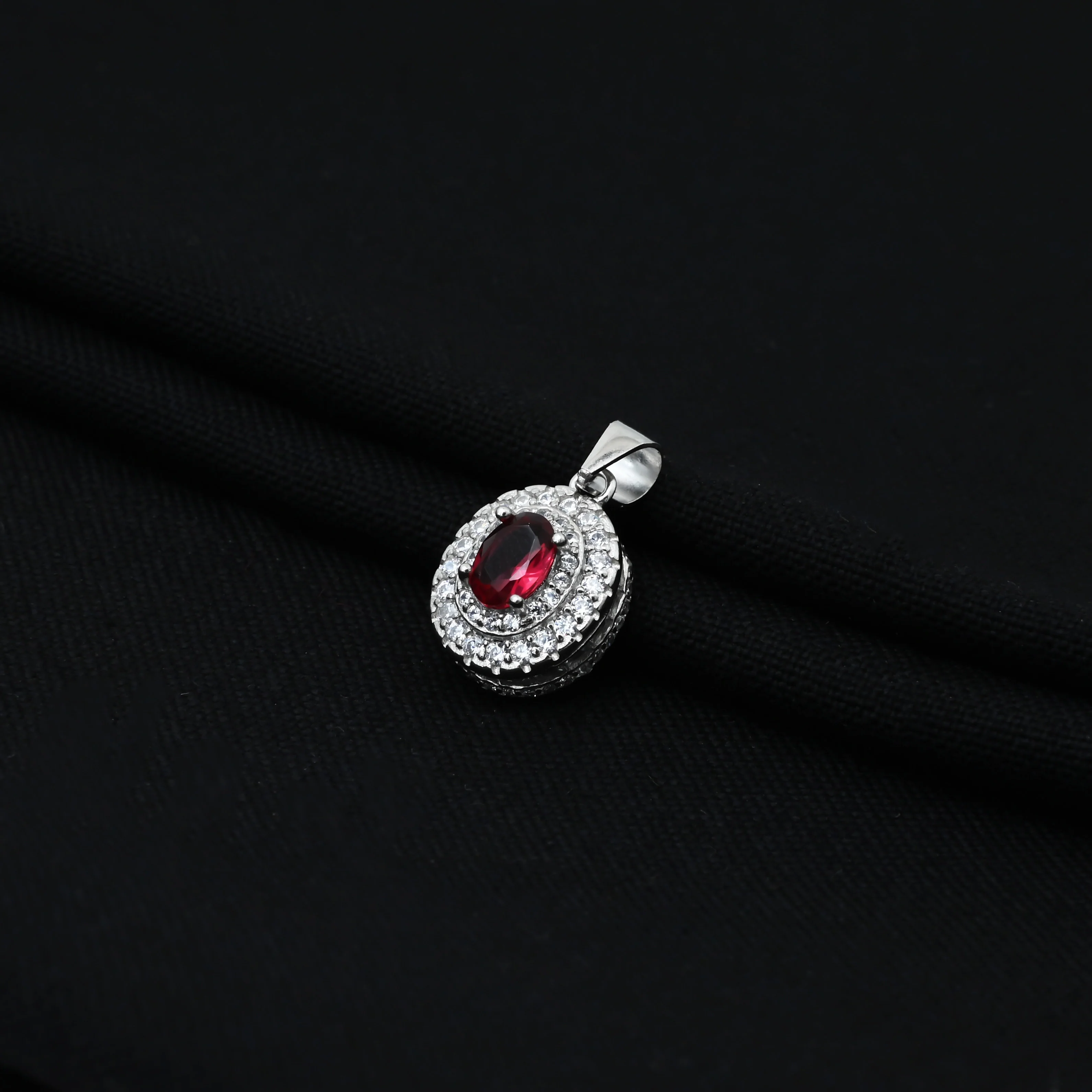 Silver Center Maroon Gem Stone Oval Design Pendant for Girls - Image 3