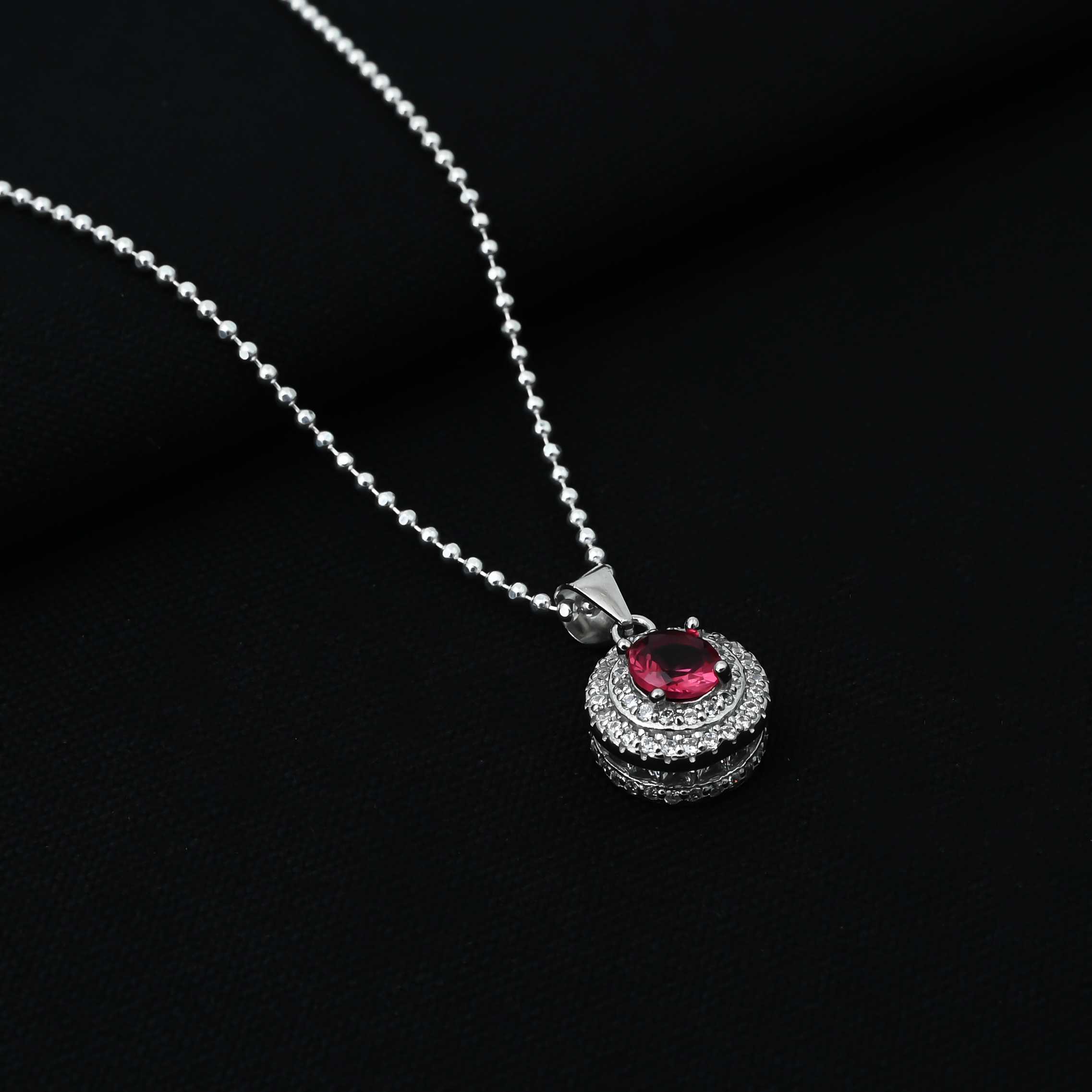 Silver Center Pink Gem Stone with Round Shape Pendant for Girls - Image 5