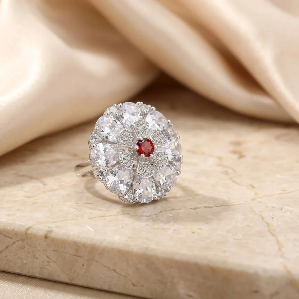 Silver Center Red Stone Flower Design Ring for Girls