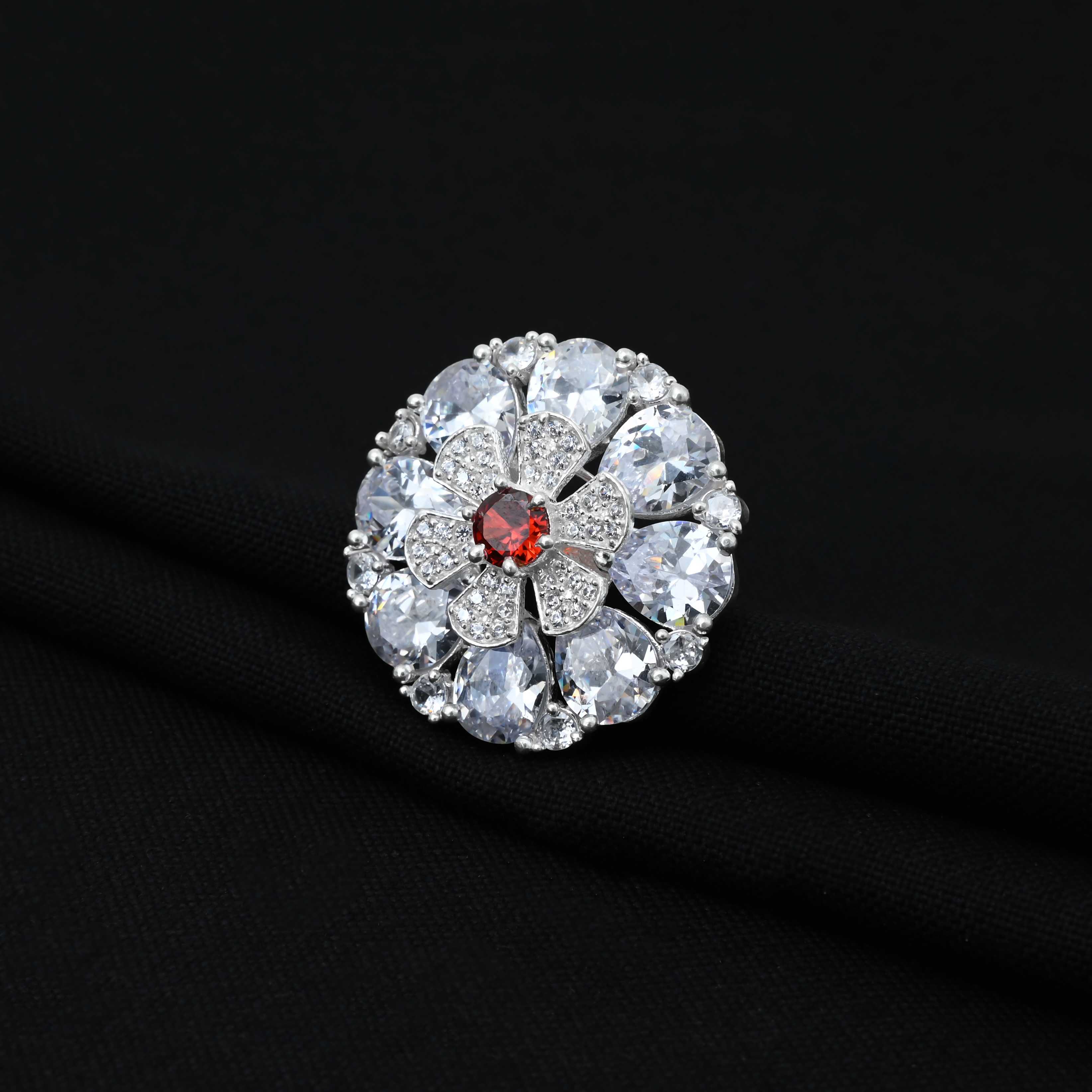 Silver Center Red Stone Flower Design Ring for Girls - Image 3