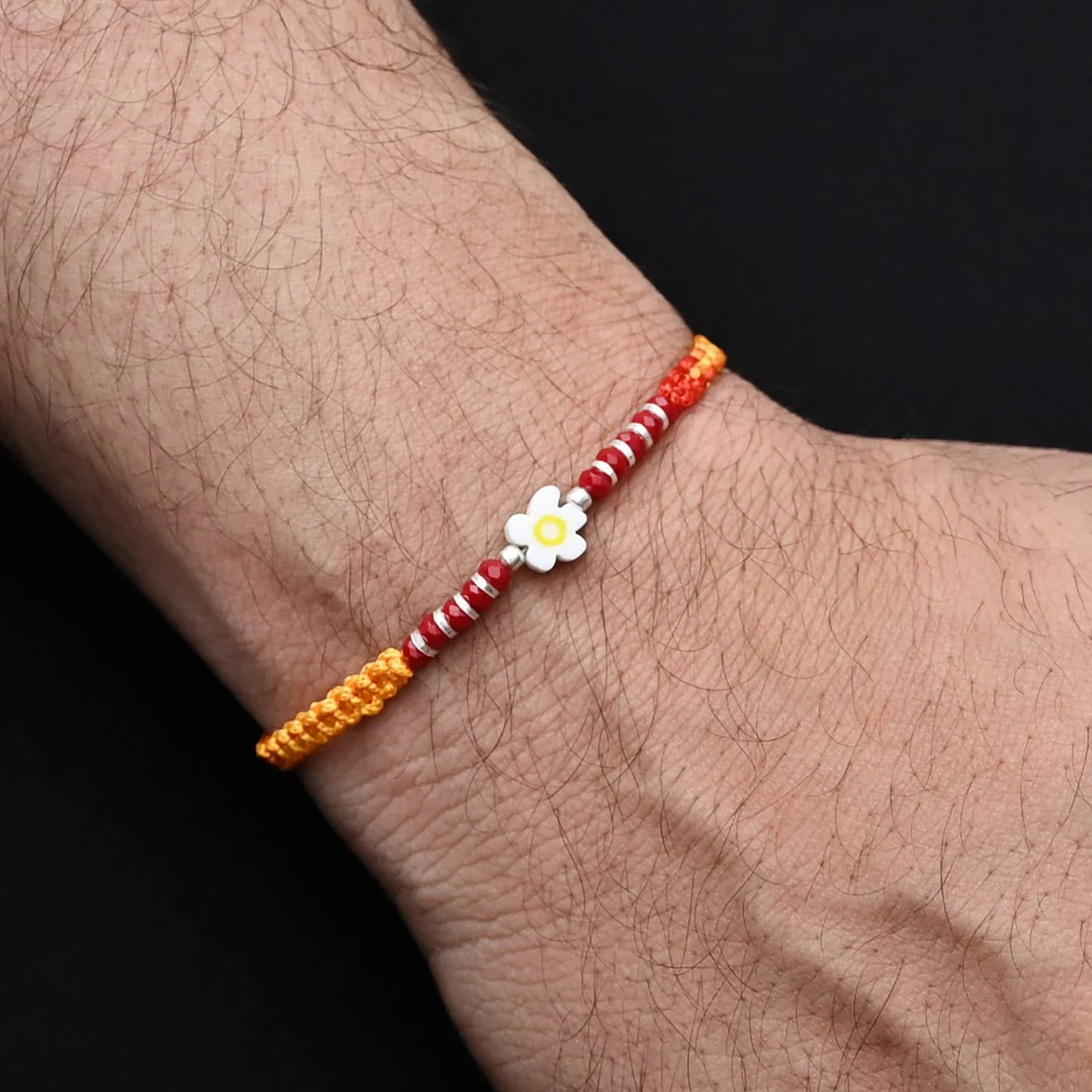 Silver Center White Flower with Silver and Light Red Beads Rakhi for Boys - Image 3