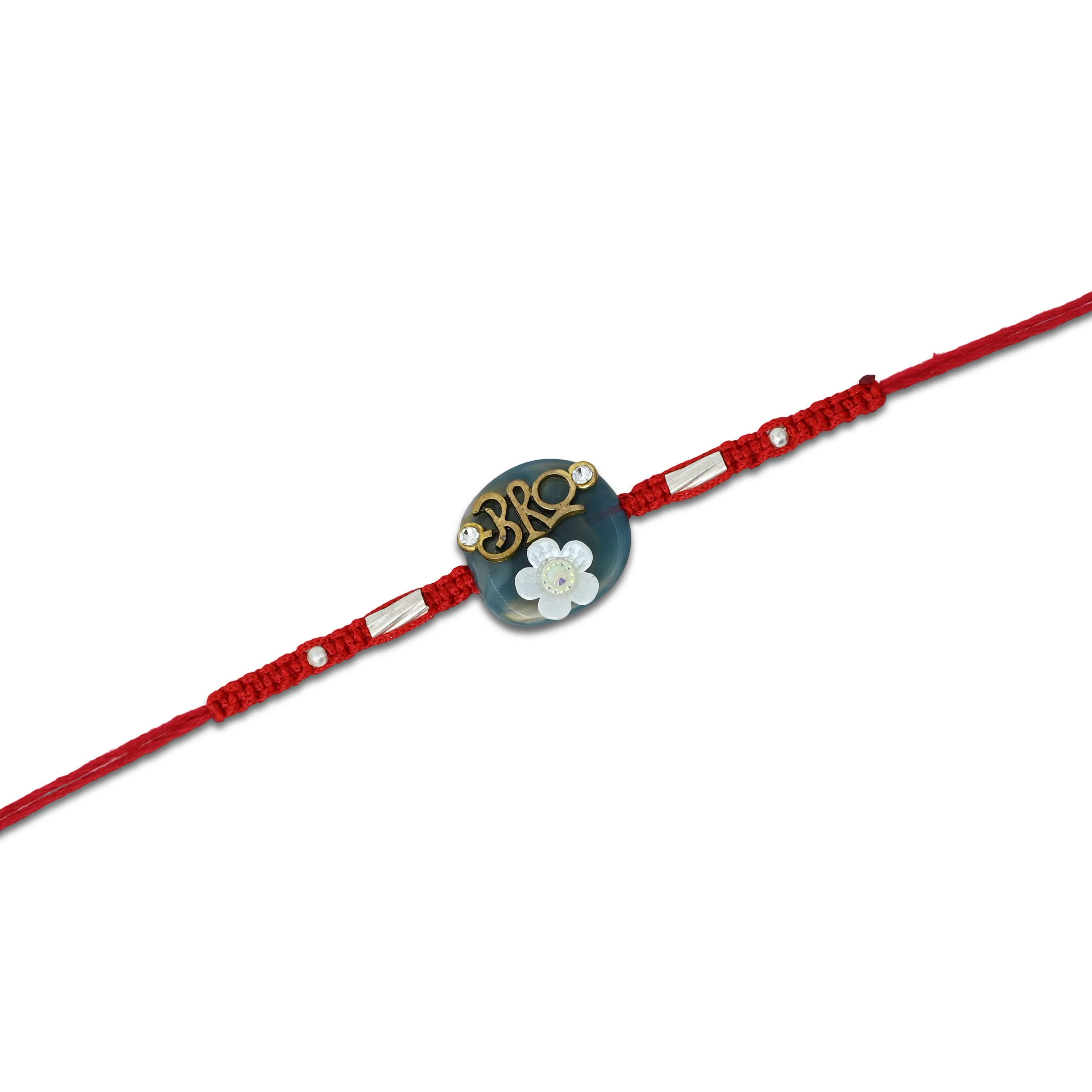 Silver Center Written Bro Blue Background with White Flower Rakhi for Boys - Image 2