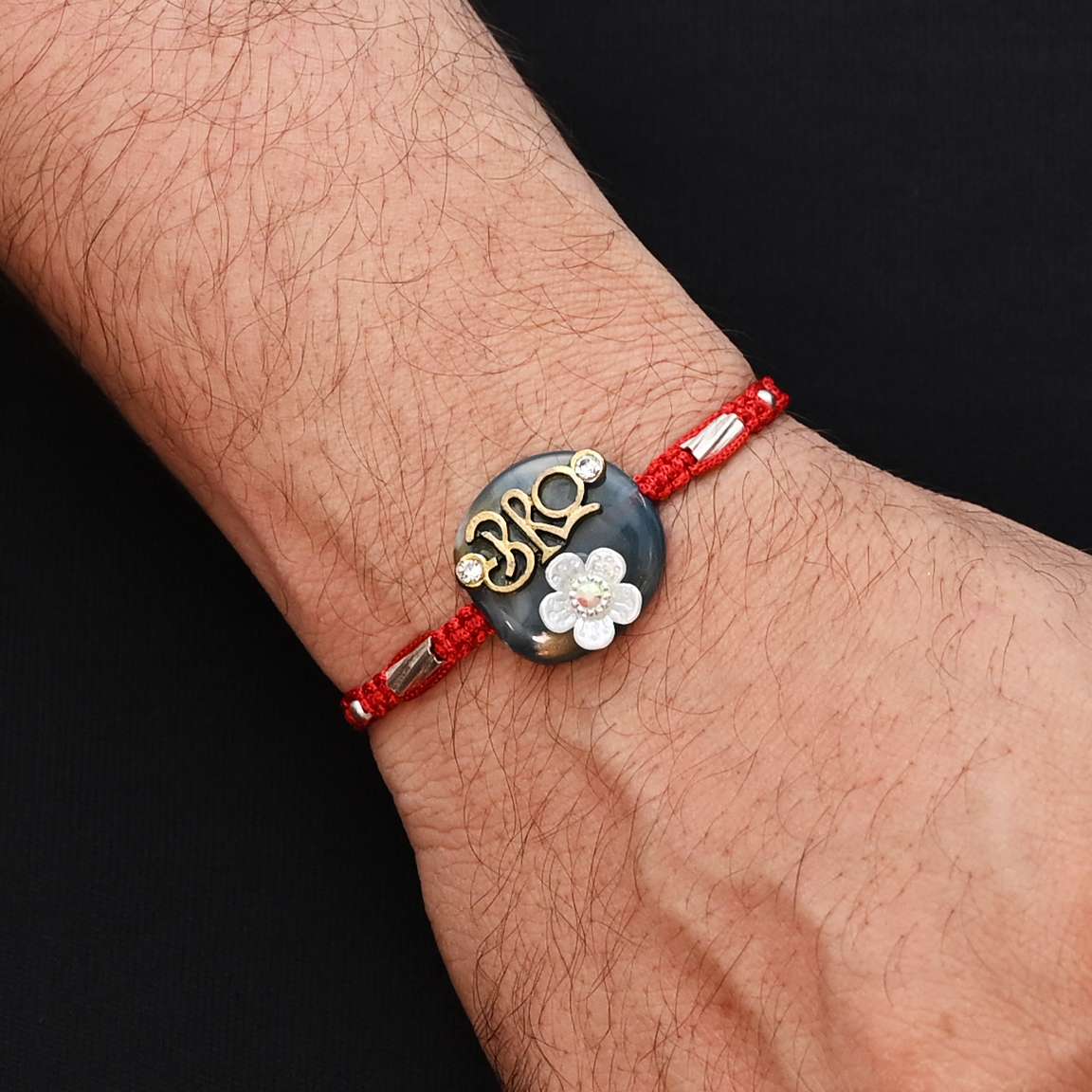 Silver Center Written Bro Blue Background with White Flower Rakhi for Boys - Image 3
