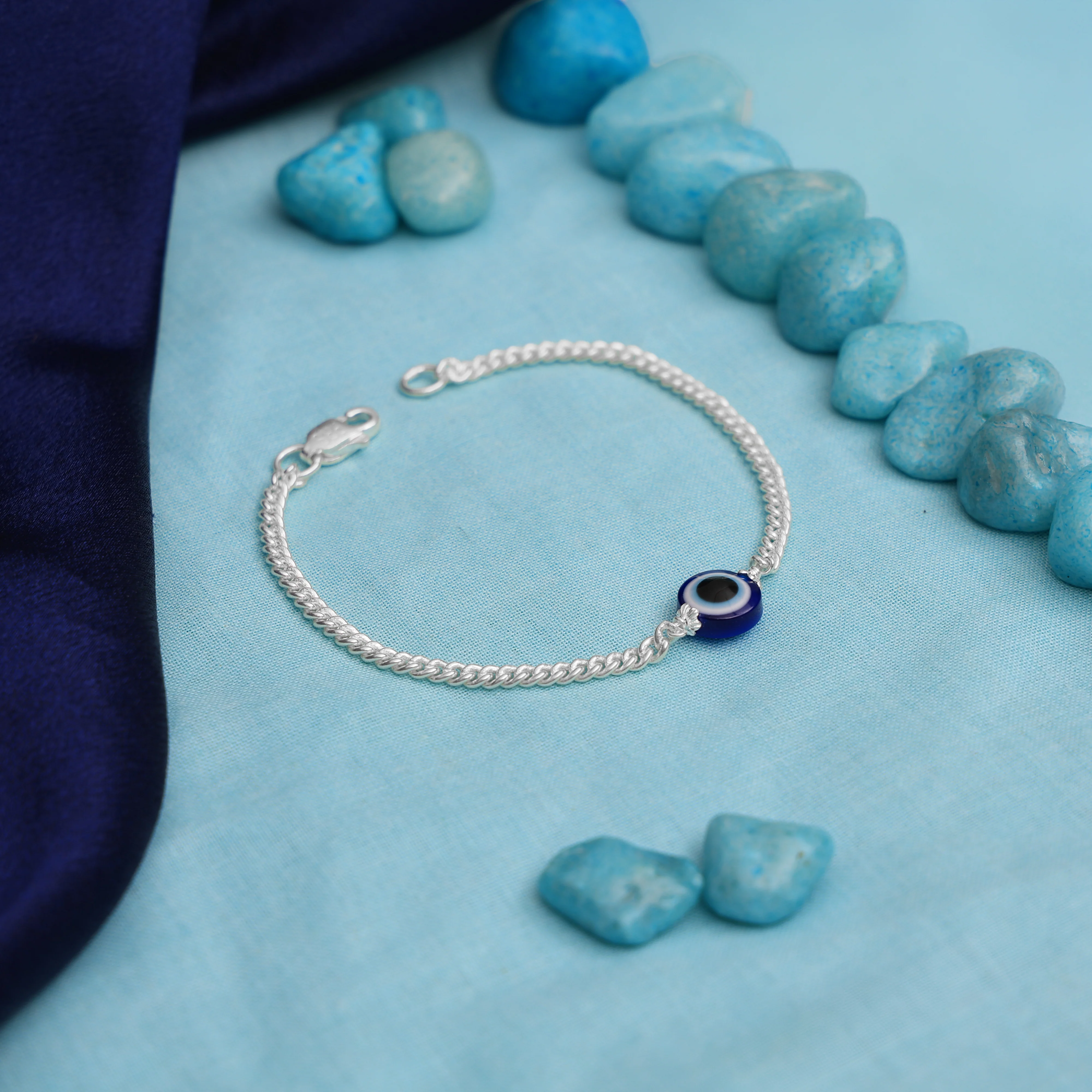 Silver Chain Bracelet with Blue Evil Eye Charm - Image 2