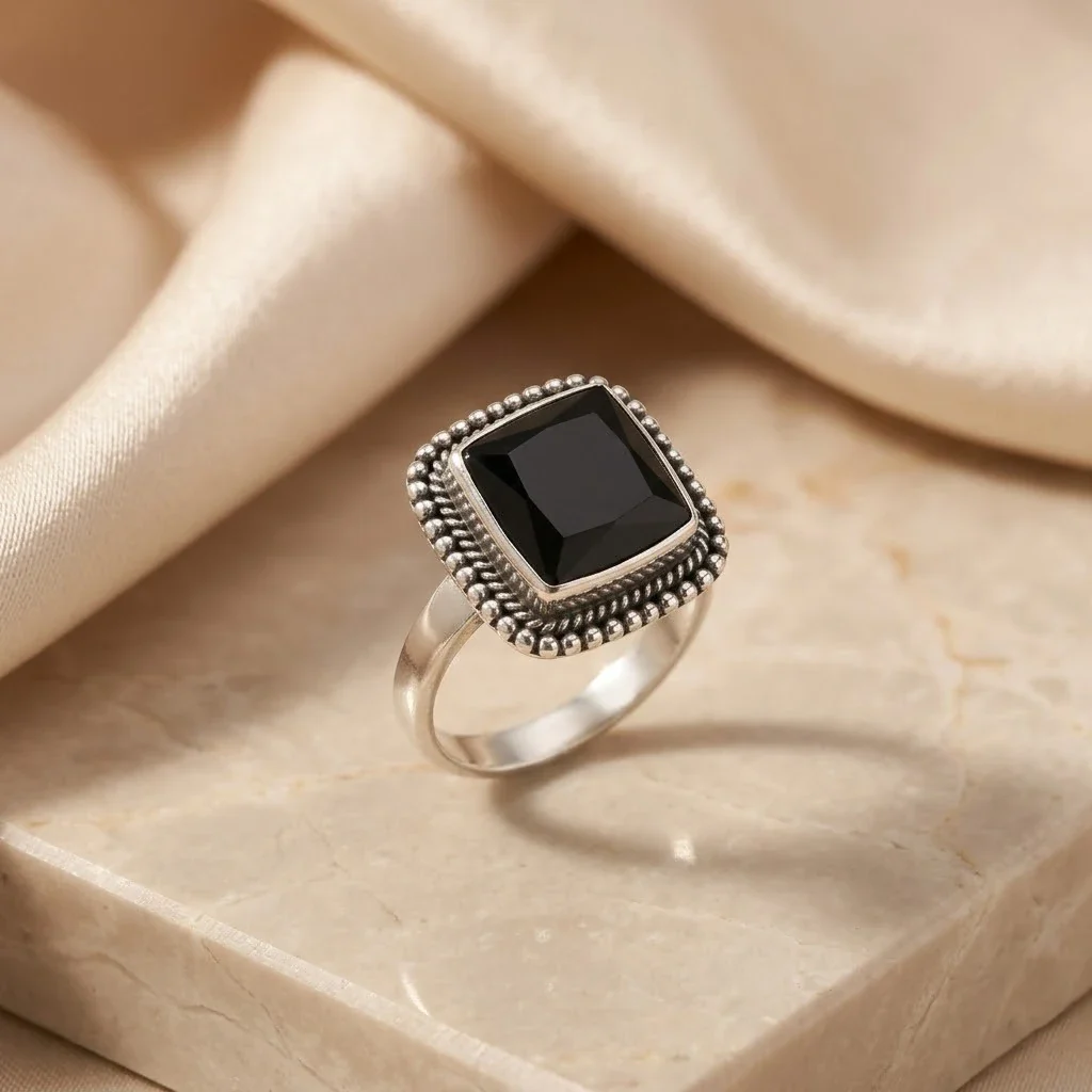 Silver Classy Beady Black Ring