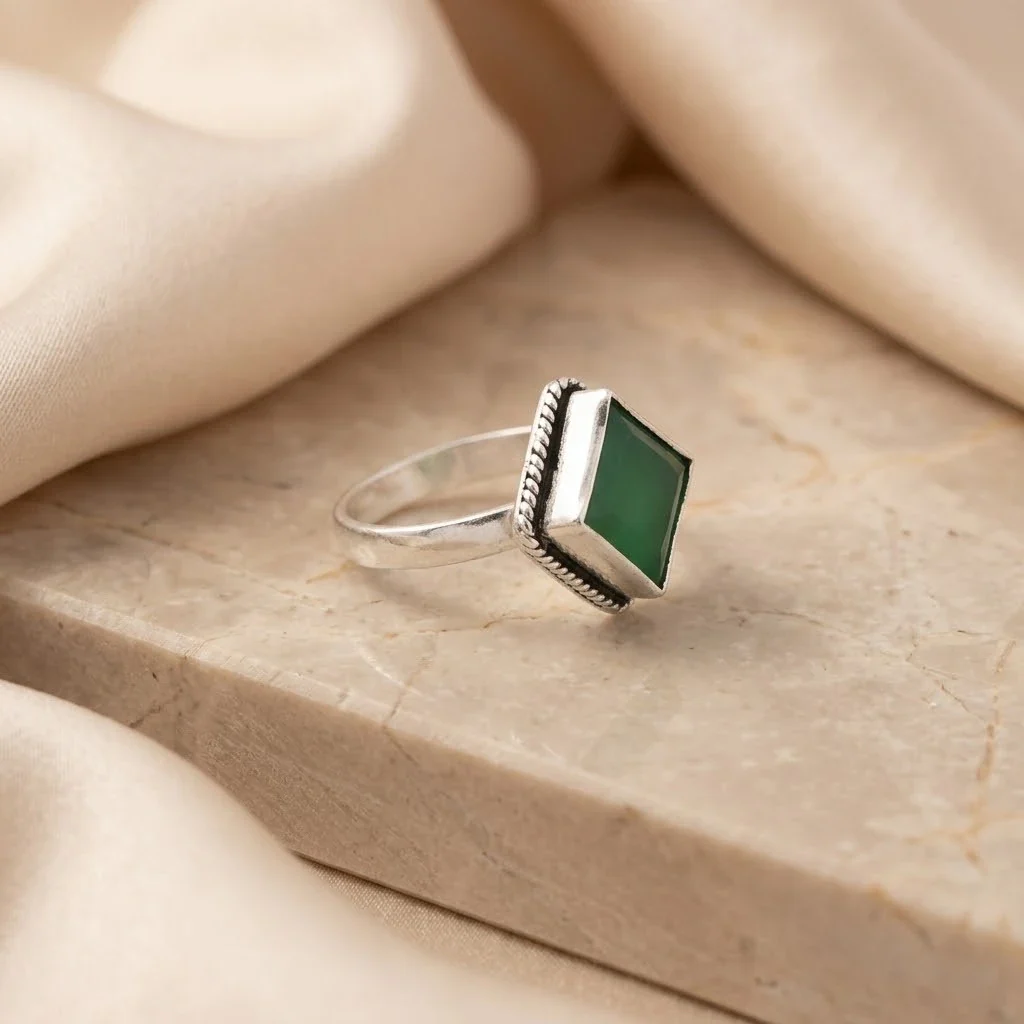 Silver Dark Green Stone Ring