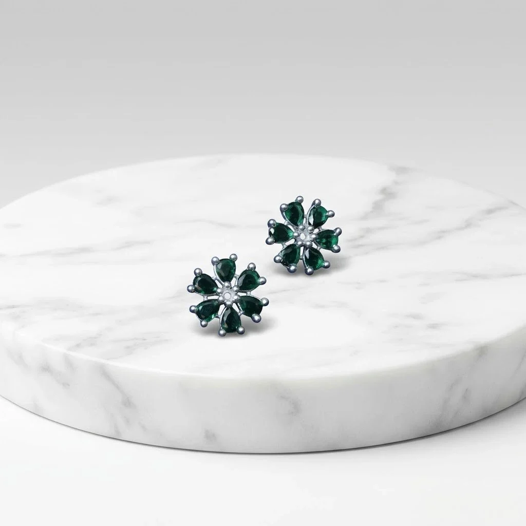 Silver Earrings with Green Gem Floral Pattern