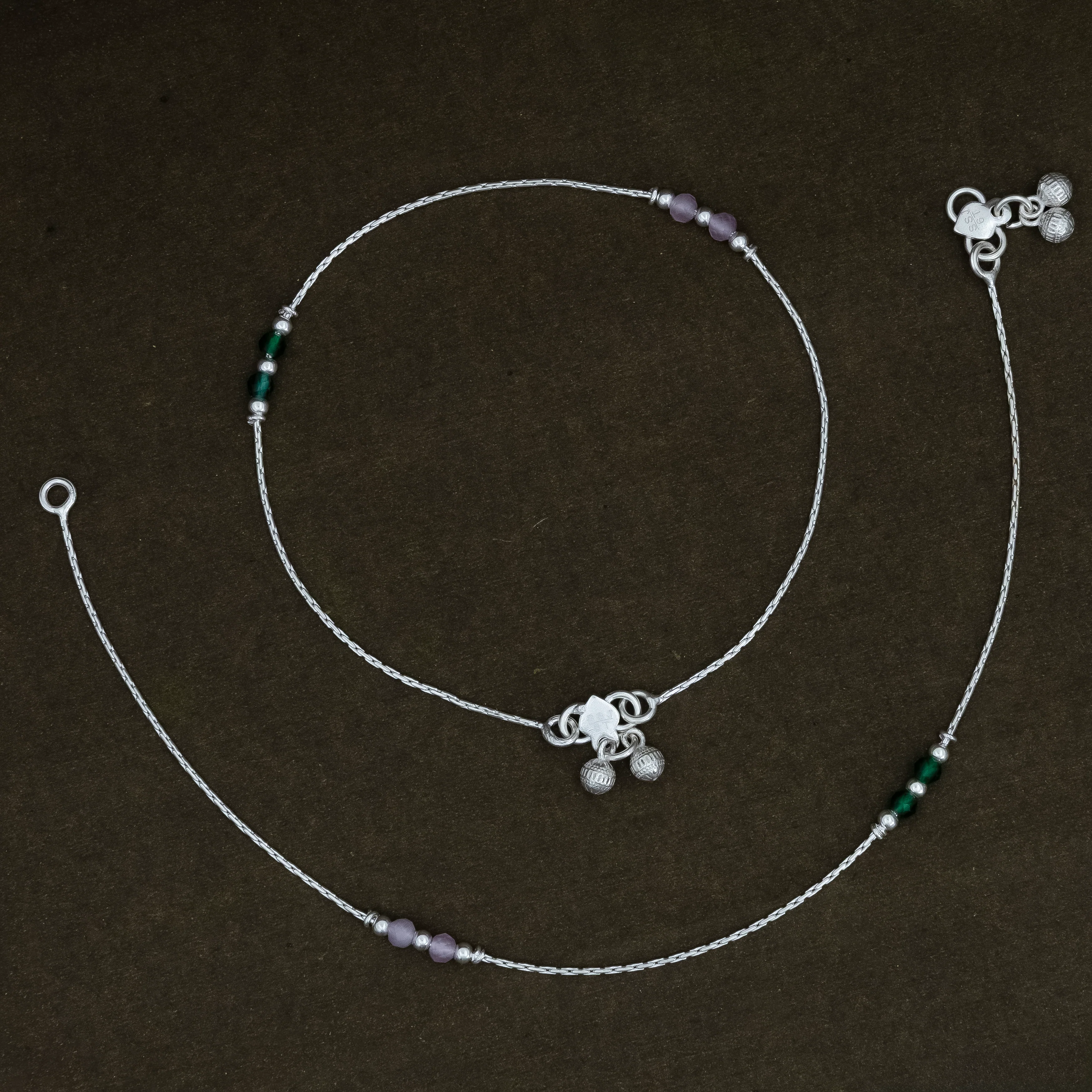 Silver Elegant Anklet with Green & Pink Beads - Image 5