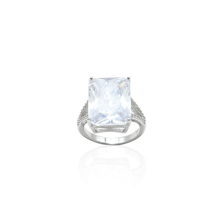 Silver Expensive Rectangle White Stone Ring - Image 2