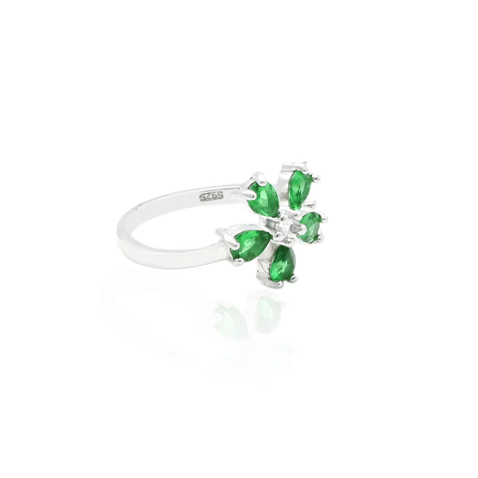Silver Green Flower Gemstone Ring - Image 4