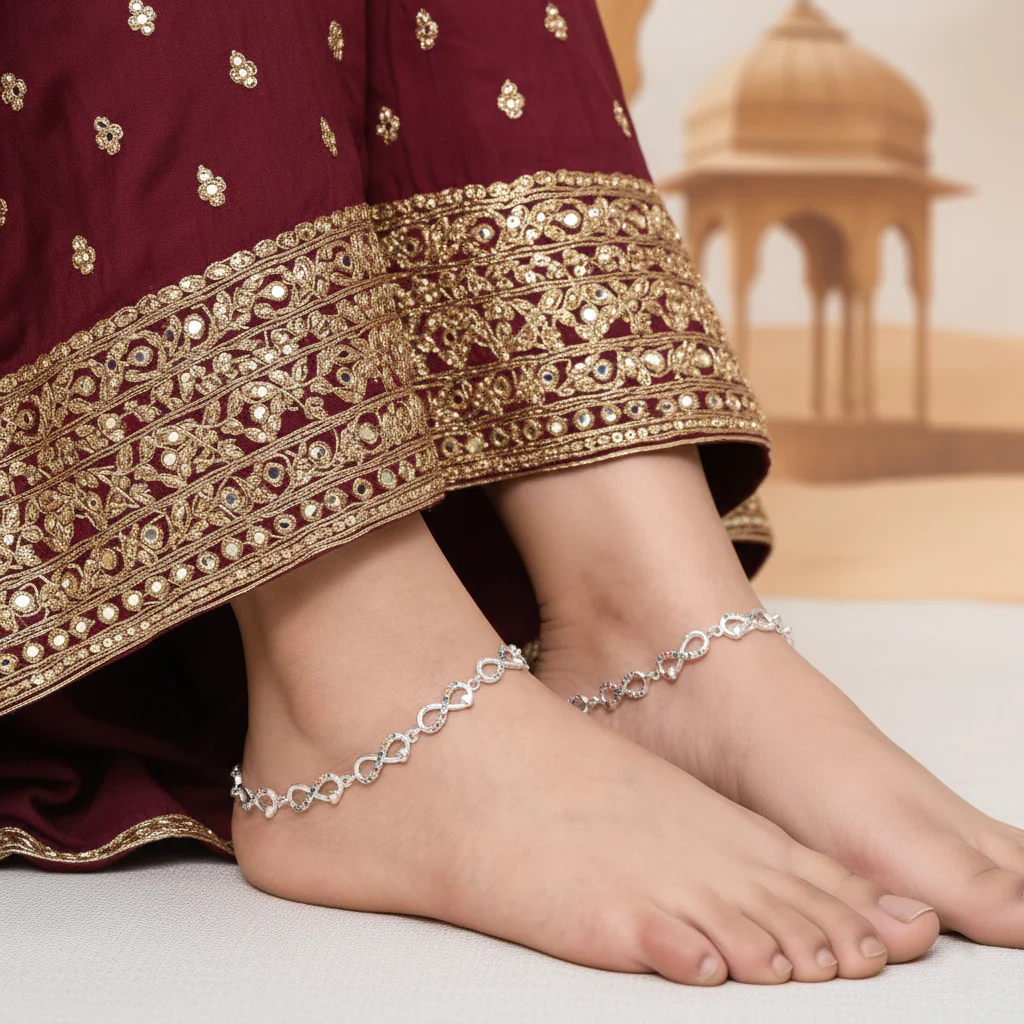 Silver Infinity Rainbow Payal Colorful Stone Anklet for Women