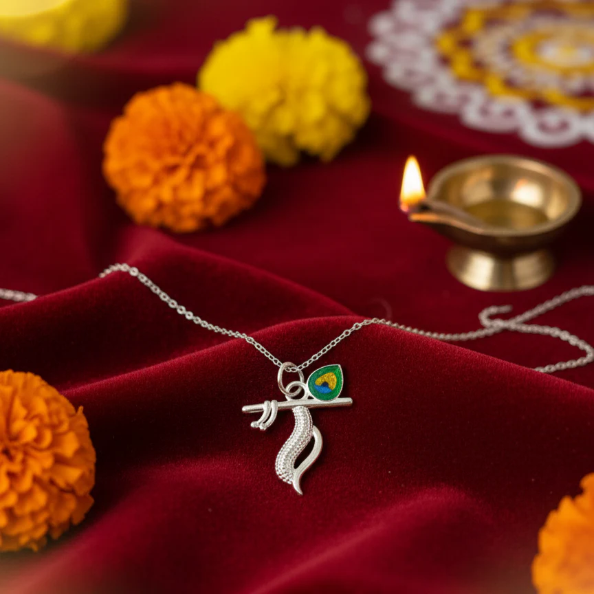 Silver Krishna Flute Pendant with Morpankh Design - Image 3