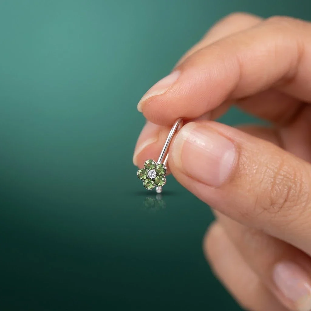Silver Light Green Gem Stone Flower Design Nosepin for Girls - Image 3