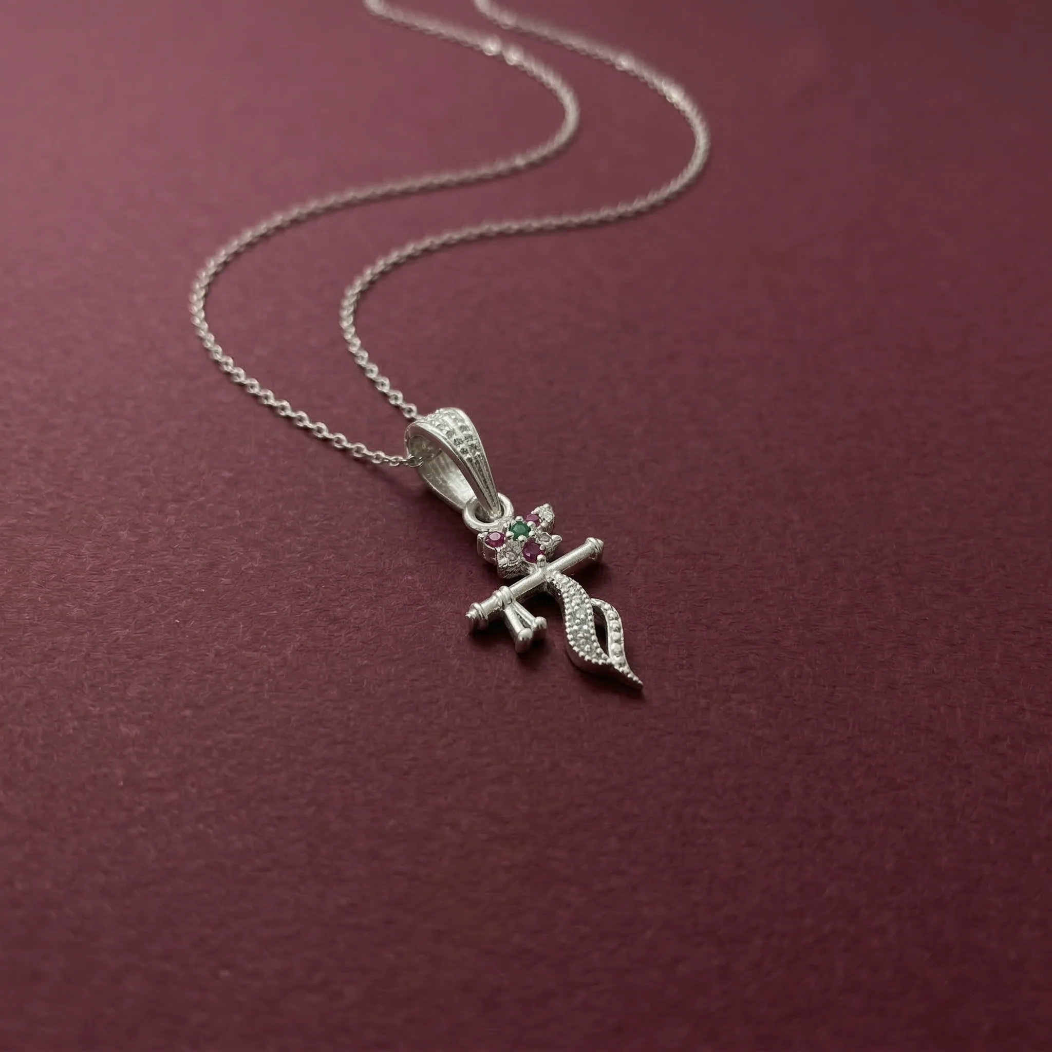 Silver Krishna Flute Pendant Flower with Multicolor Stone for Women - Image 4