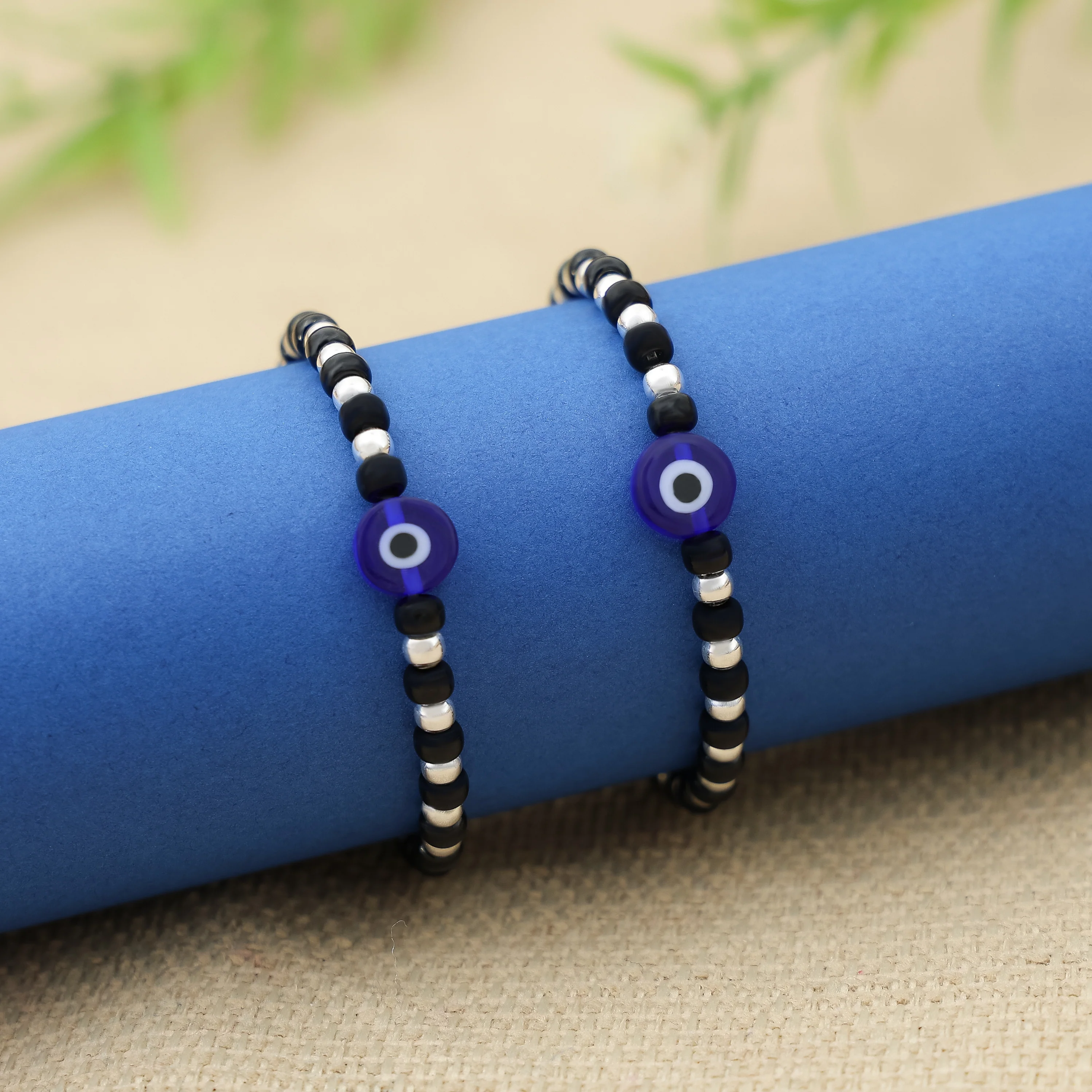 Silver Moti Blue Evil Eye Charm Bracelet - Image 2