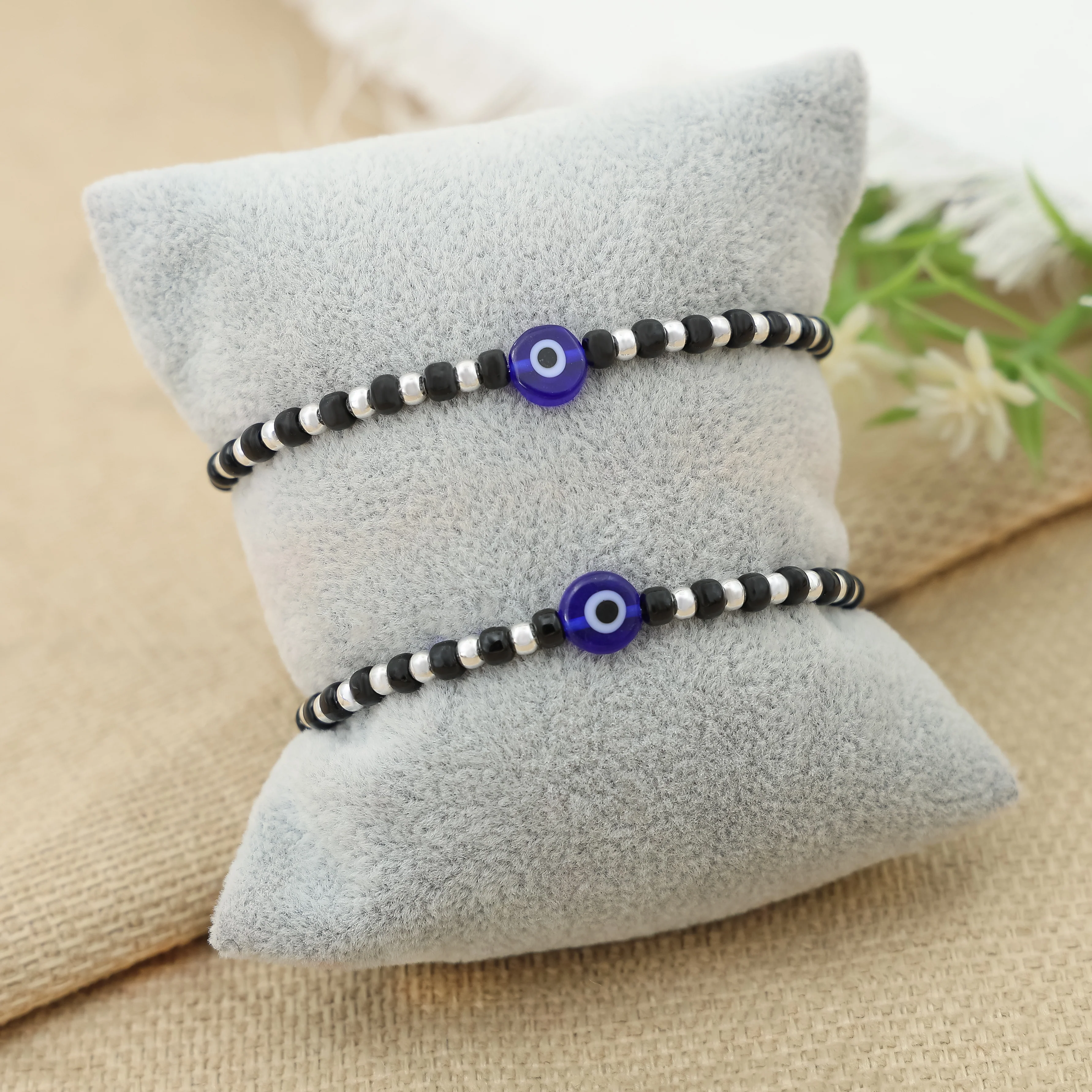 Silver Moti Blue Evil Eye Charm Bracelet - Image 3