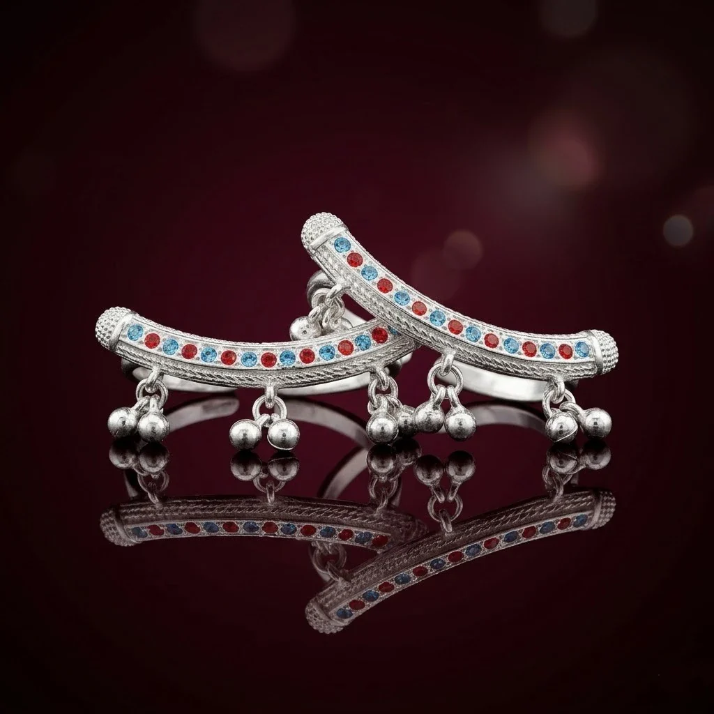 Silver Multicolor Ghungroo Toe Ring Pair