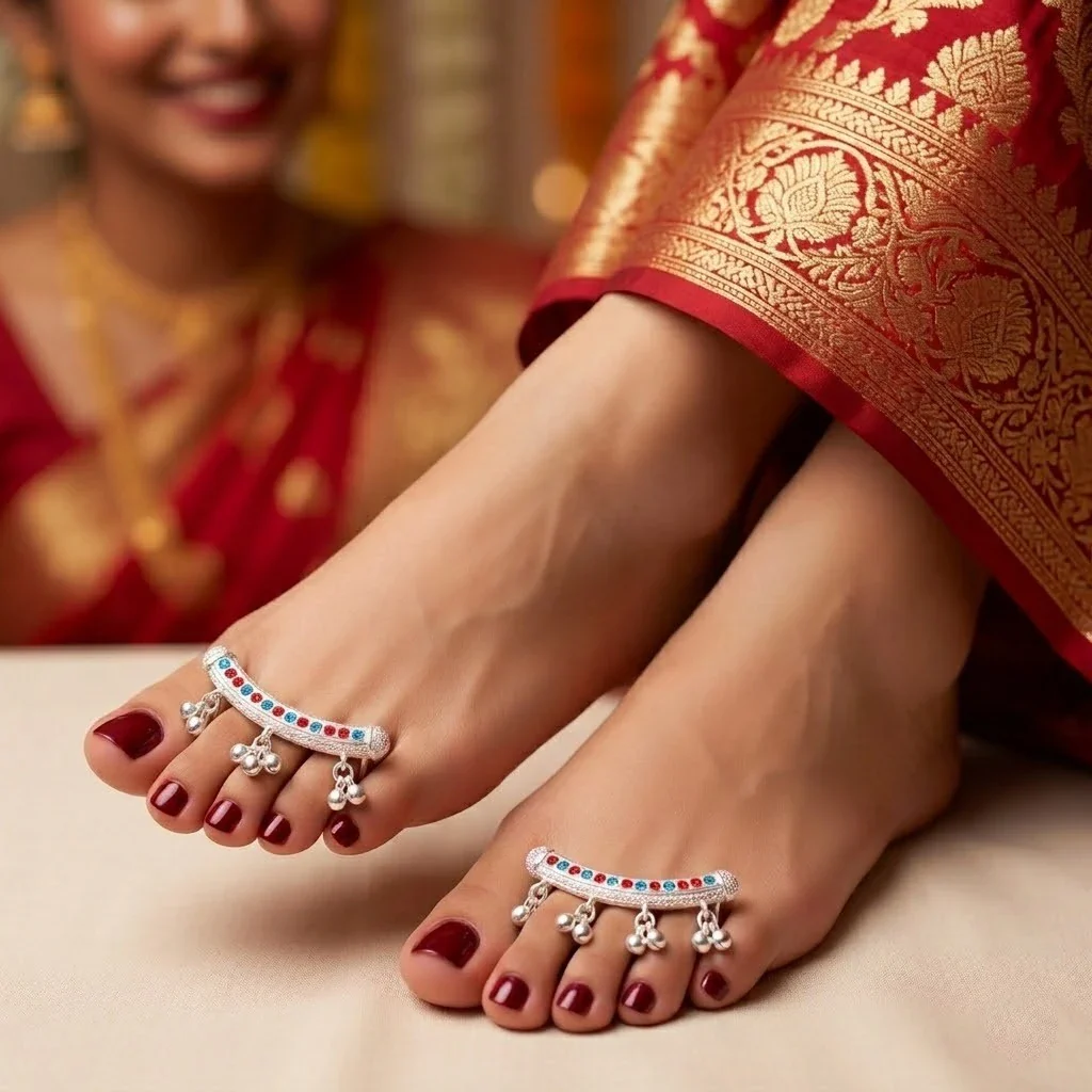 Silver Multicolor Ghungroo Toe Ring Pair - Image 2