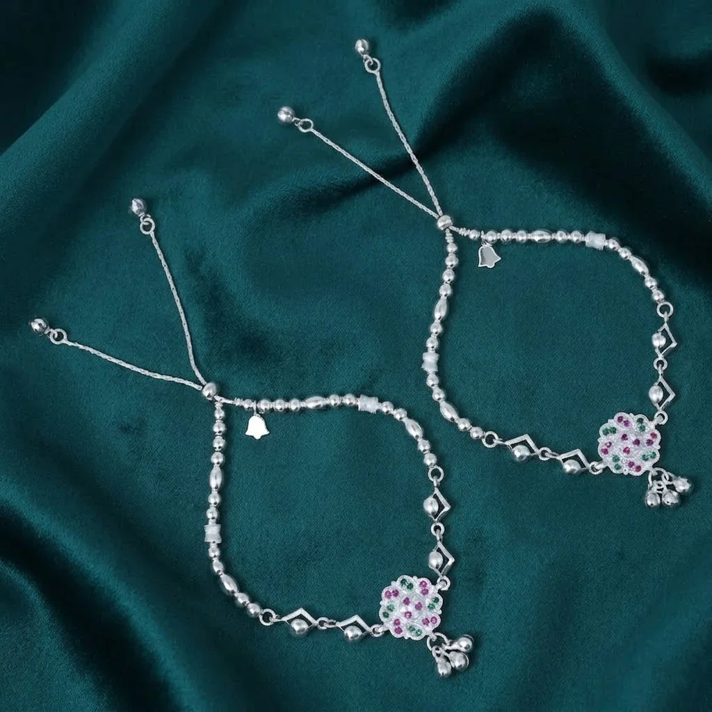 Silver Purple and Green Gem Stone with Silver Beads and Ghungroo Anklet for Girls