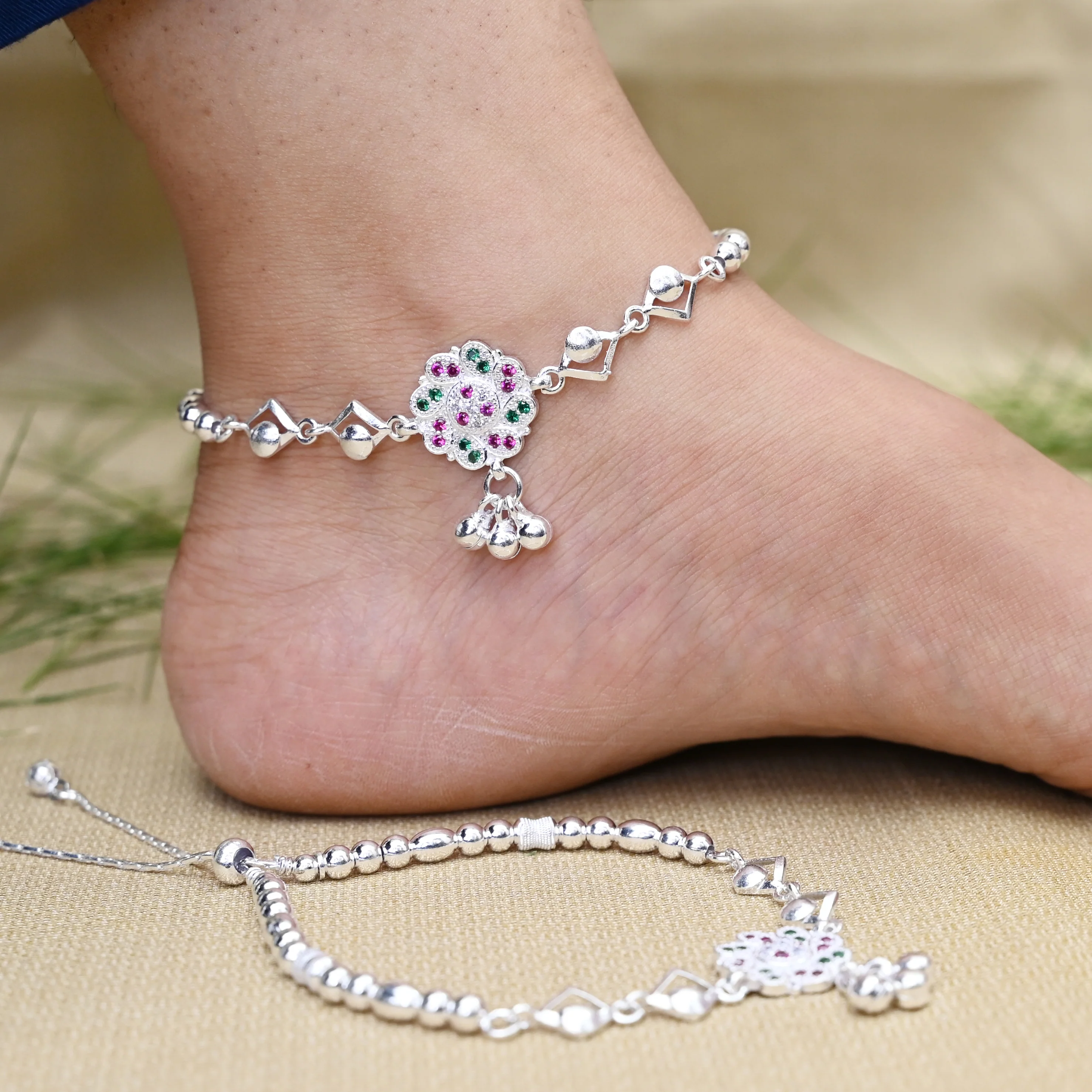 Silver Purple and Green Gem Stone with Silver Beads and Ghungroo Anklet for Girls - Image 3