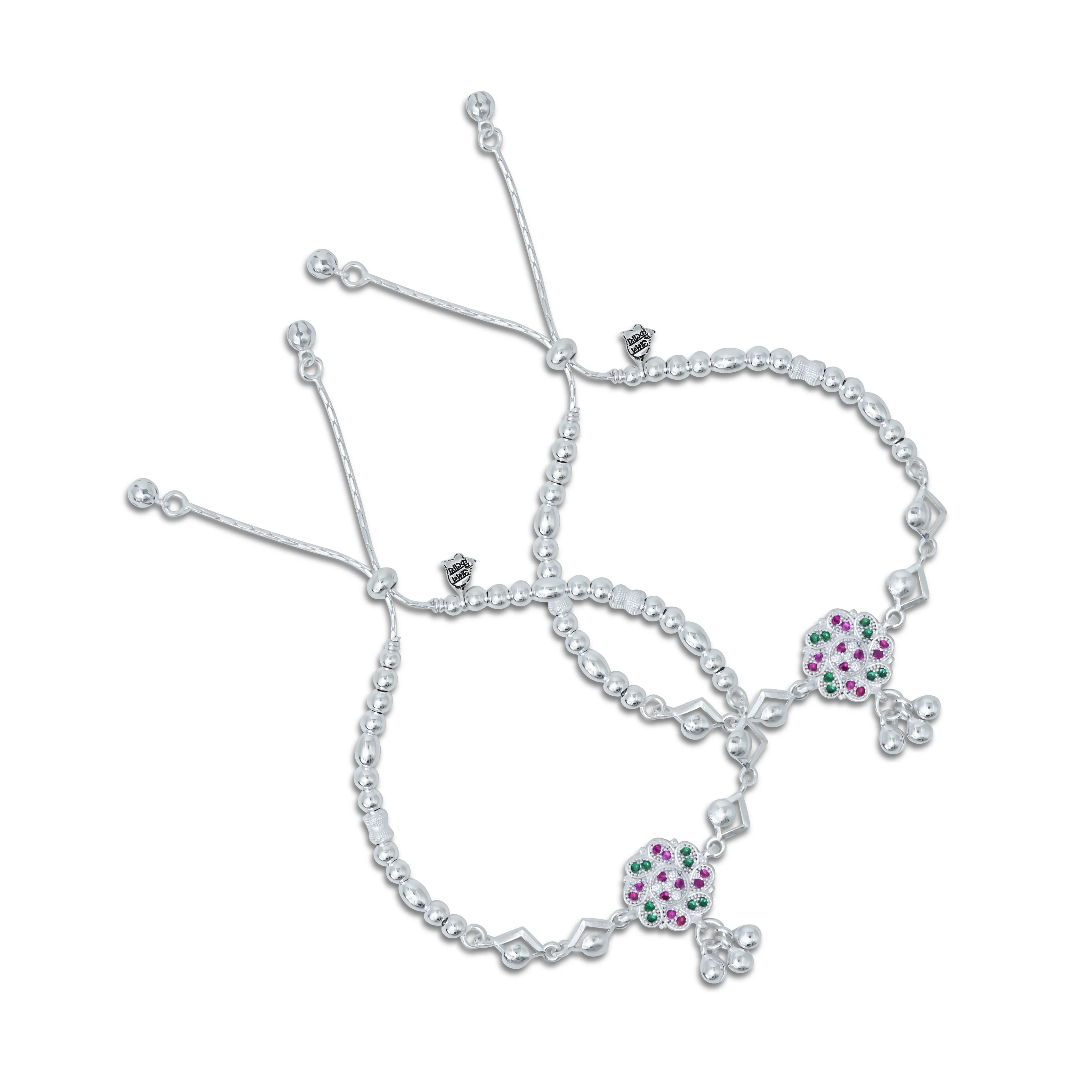 Silver Purple and Green Gem Stone with Silver Beads and Ghungroo Anklet for Girls - Image 4