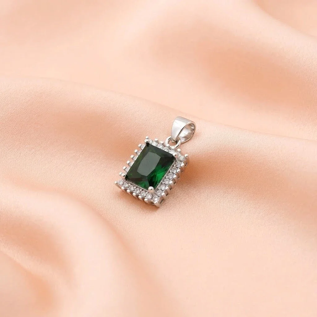 Silver Rectangle Green Gem Stone Pendant for Girls