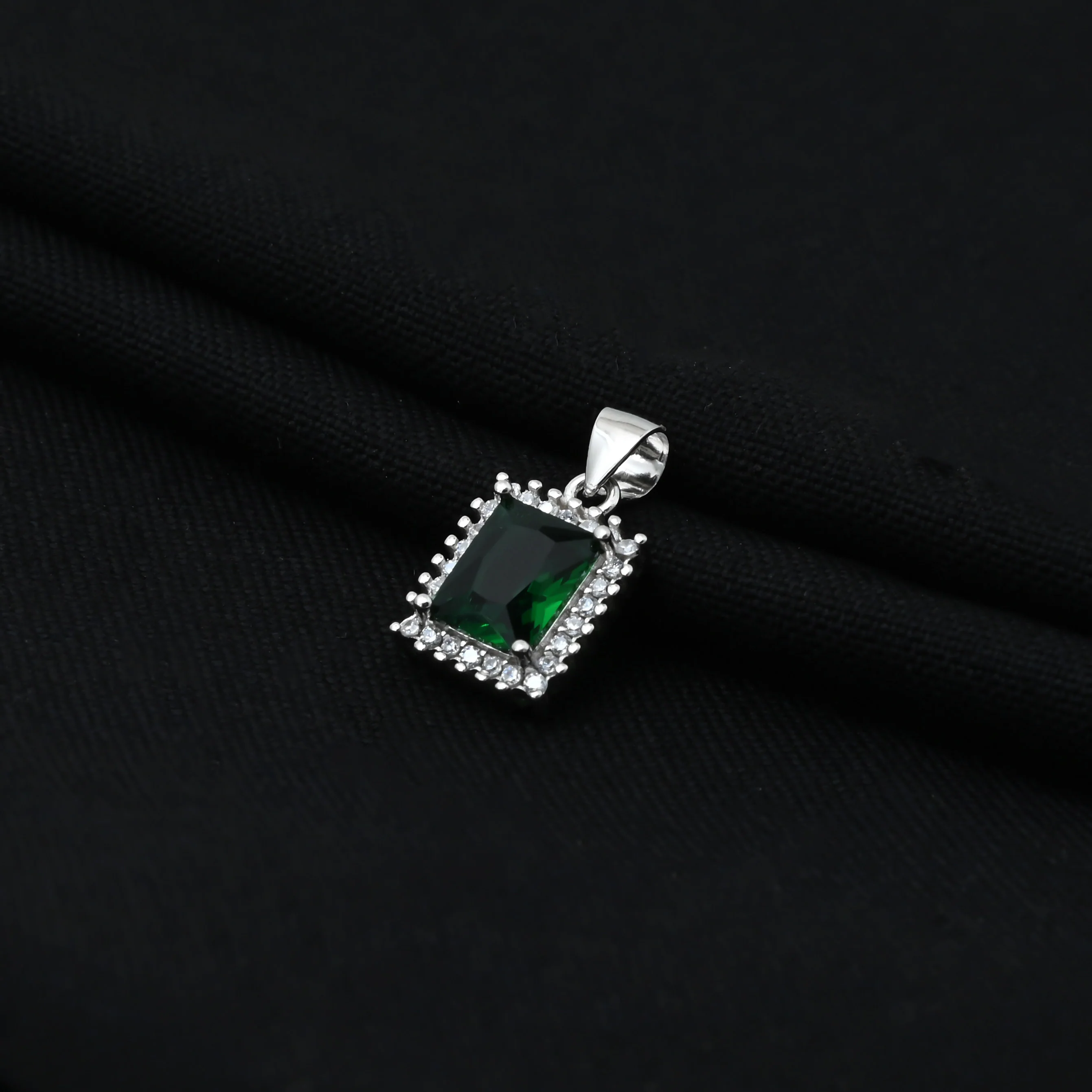 Silver Rectangle Green Gem Stone Pendant for Girls - Image 4