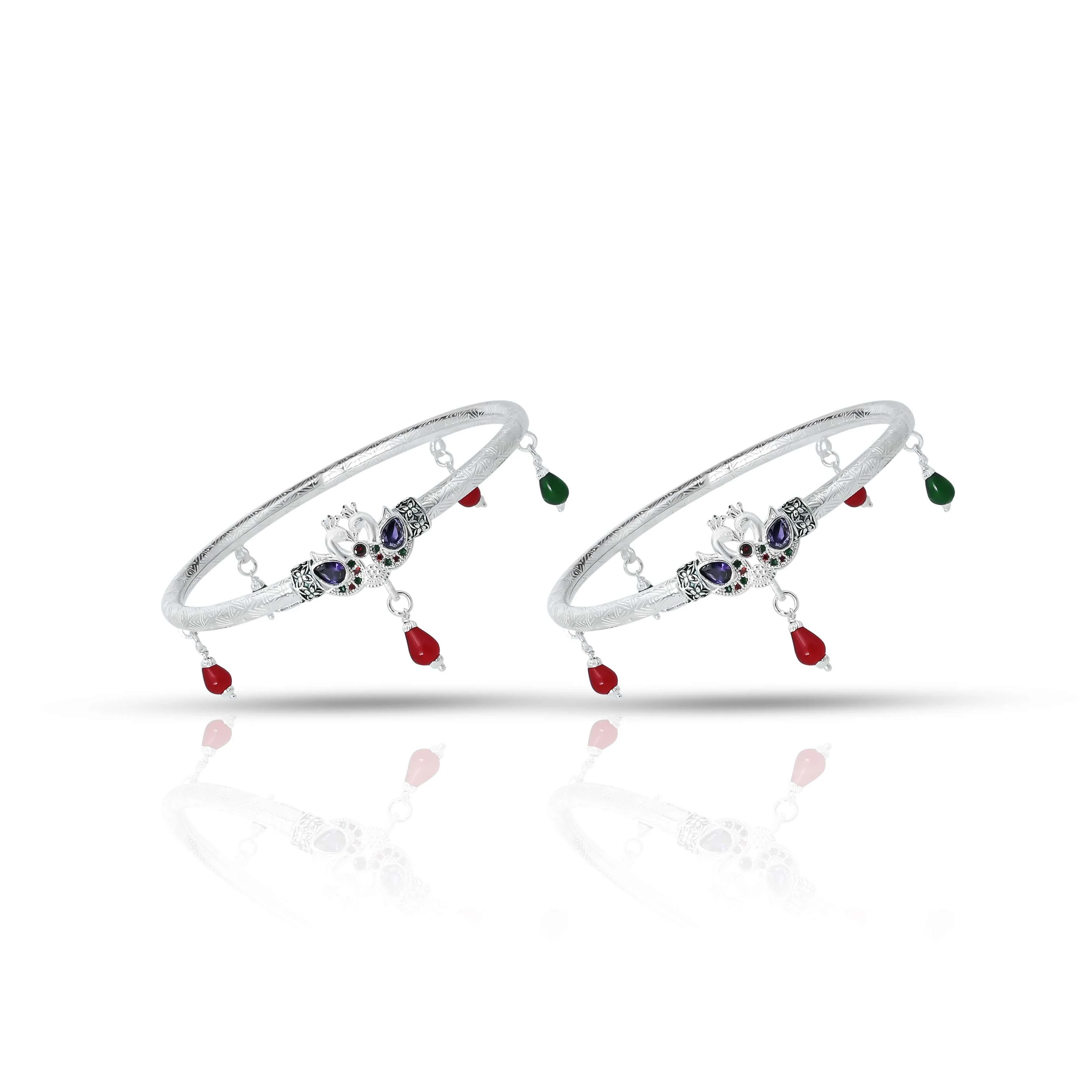 Silver Red and Green Bead with Peacock Design Kada Payal for Girls - Image 2