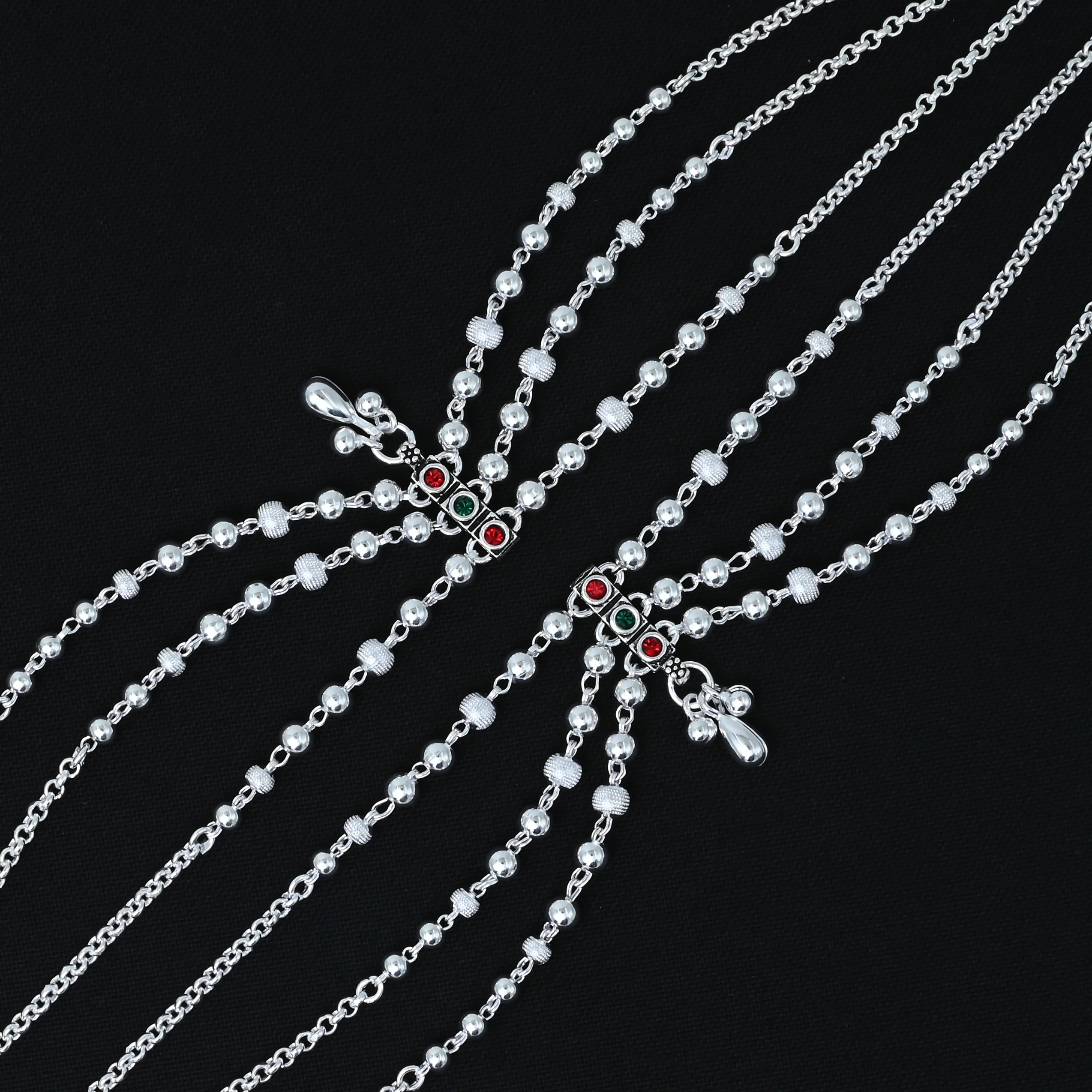 Silver Red and Green Gem Stone with Silver Beads Payal for Girls - Image 4