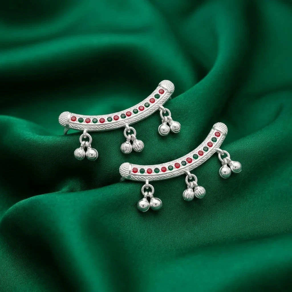 Silver Red Green Ghungroo Toe Ring Pair for Women Traditional Bichhiya - Image 2