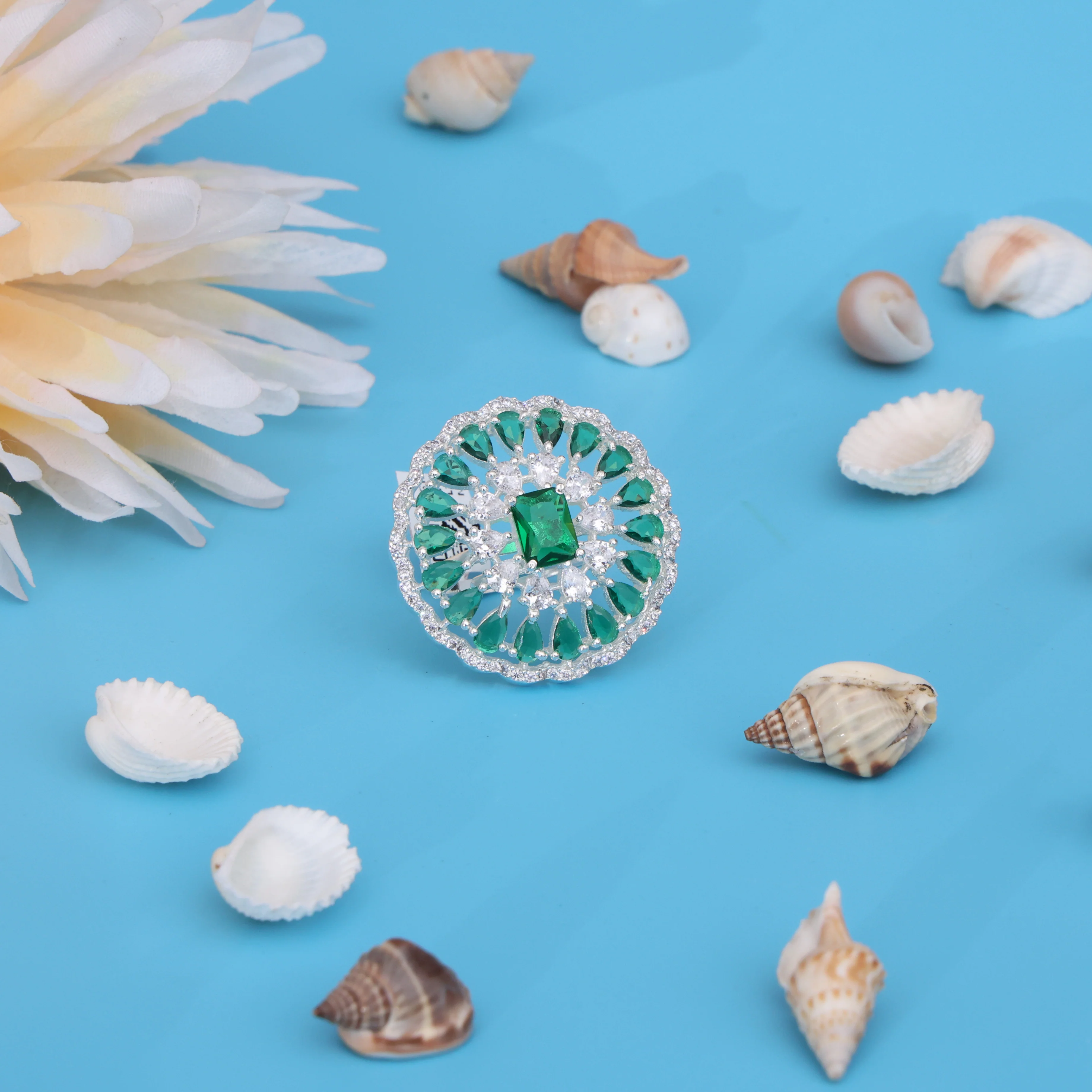 Silver Ring for Women with Green Mini Stones and Center Gem