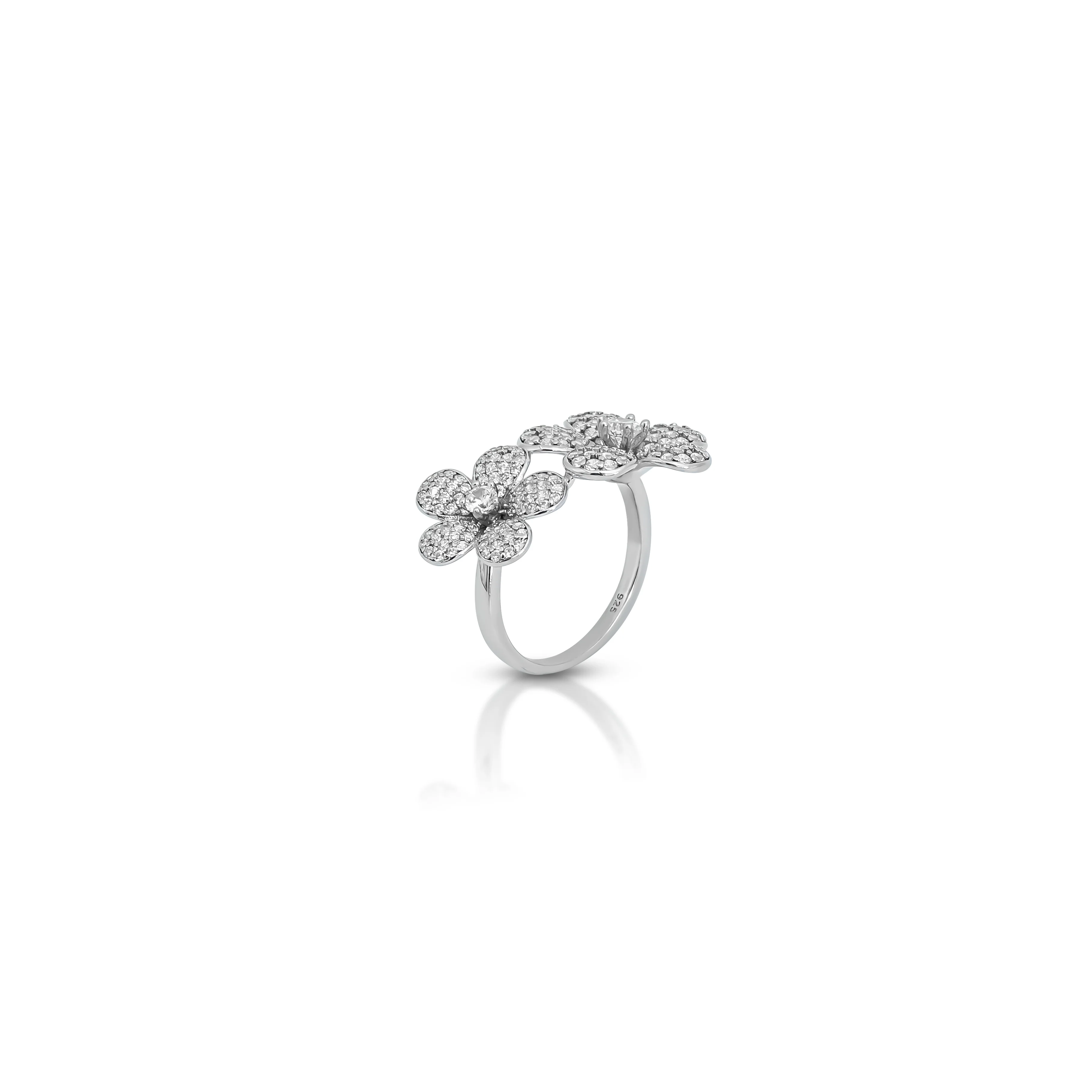 Silver Ring with Two Flowers and Sparkling White Crystals. - Image 3