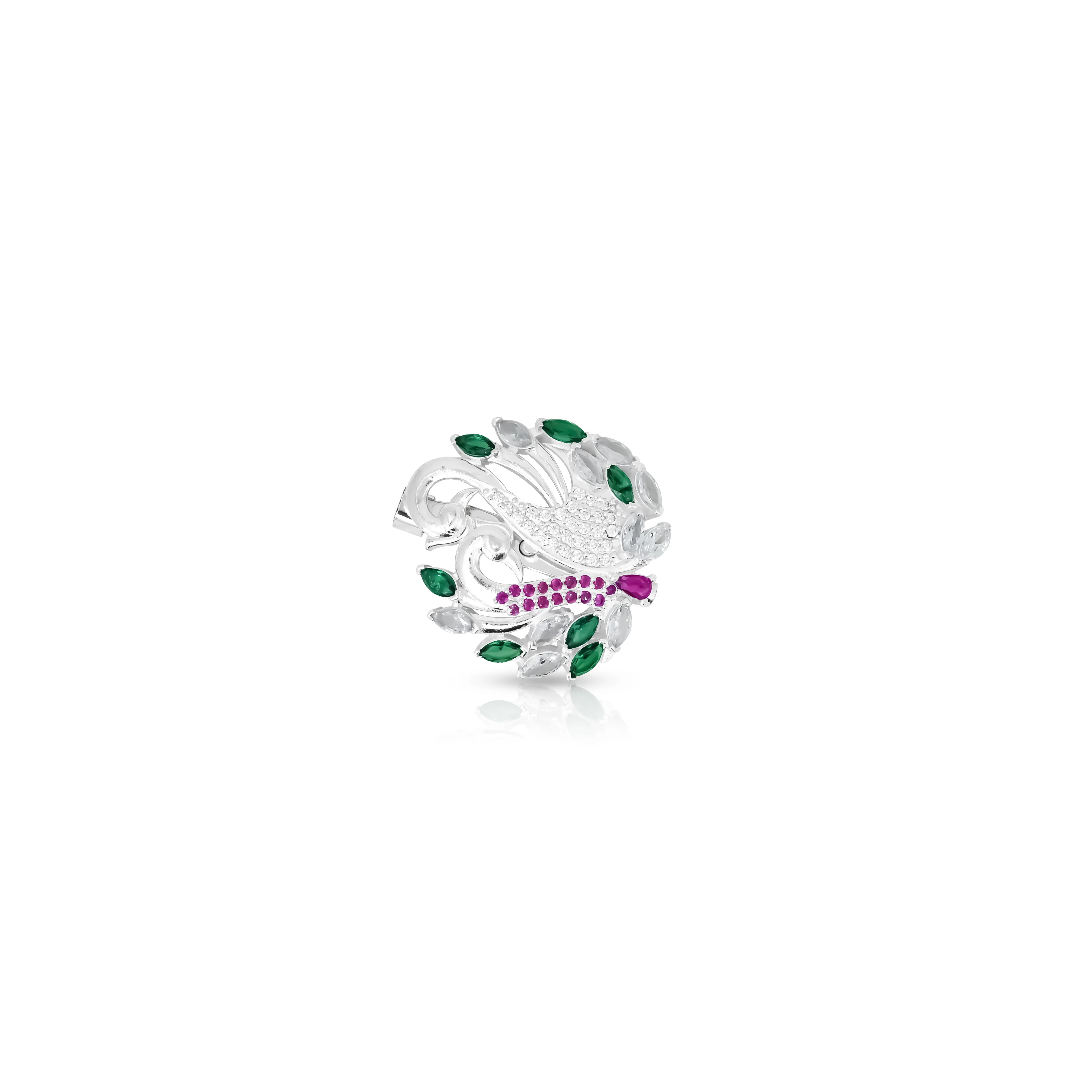Silver Sari Pin Featuring Two Swans with Pink, Green Stones. - Image 3