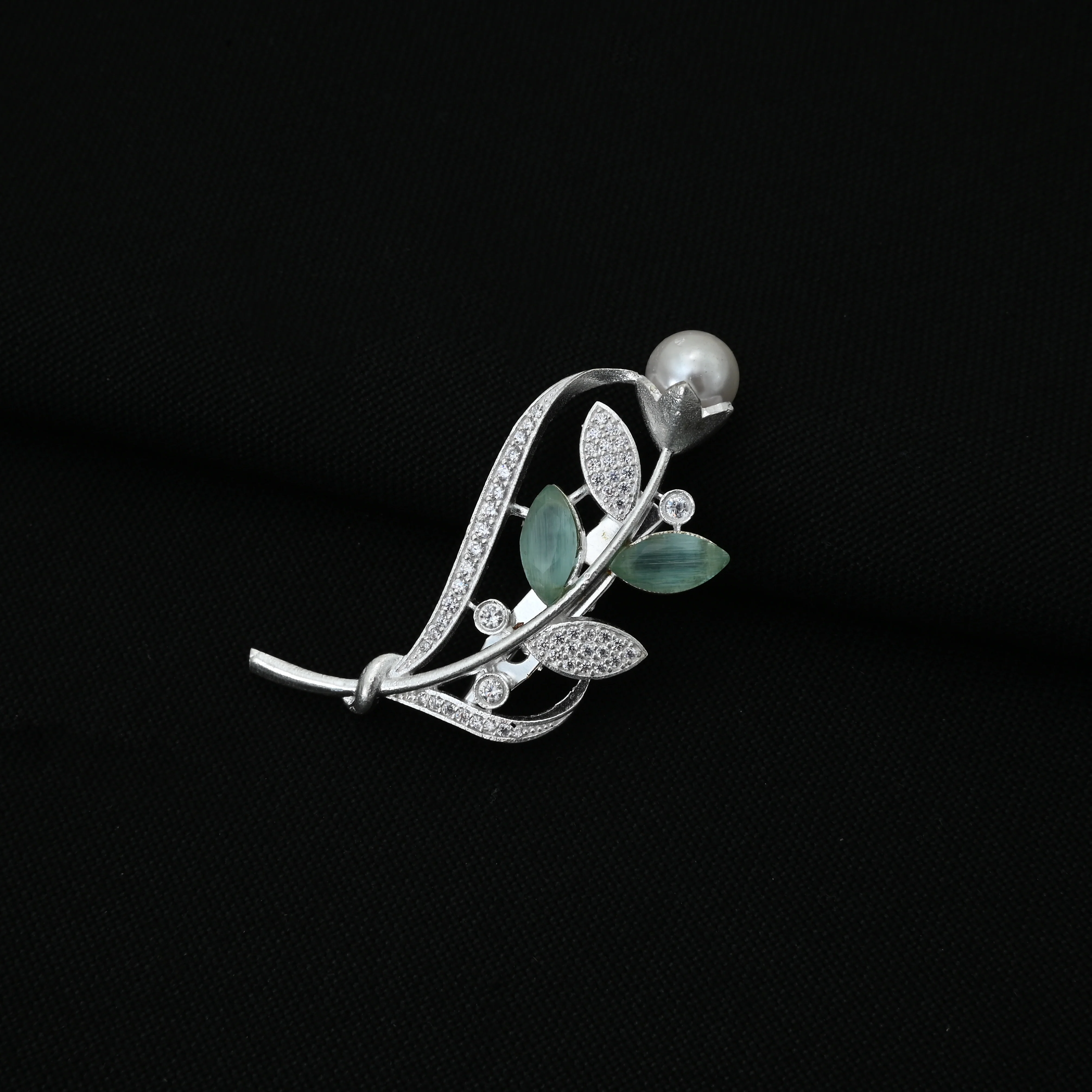 Silver Sari Pin with Moti and Light Green Stone Embellishments. - Image 2