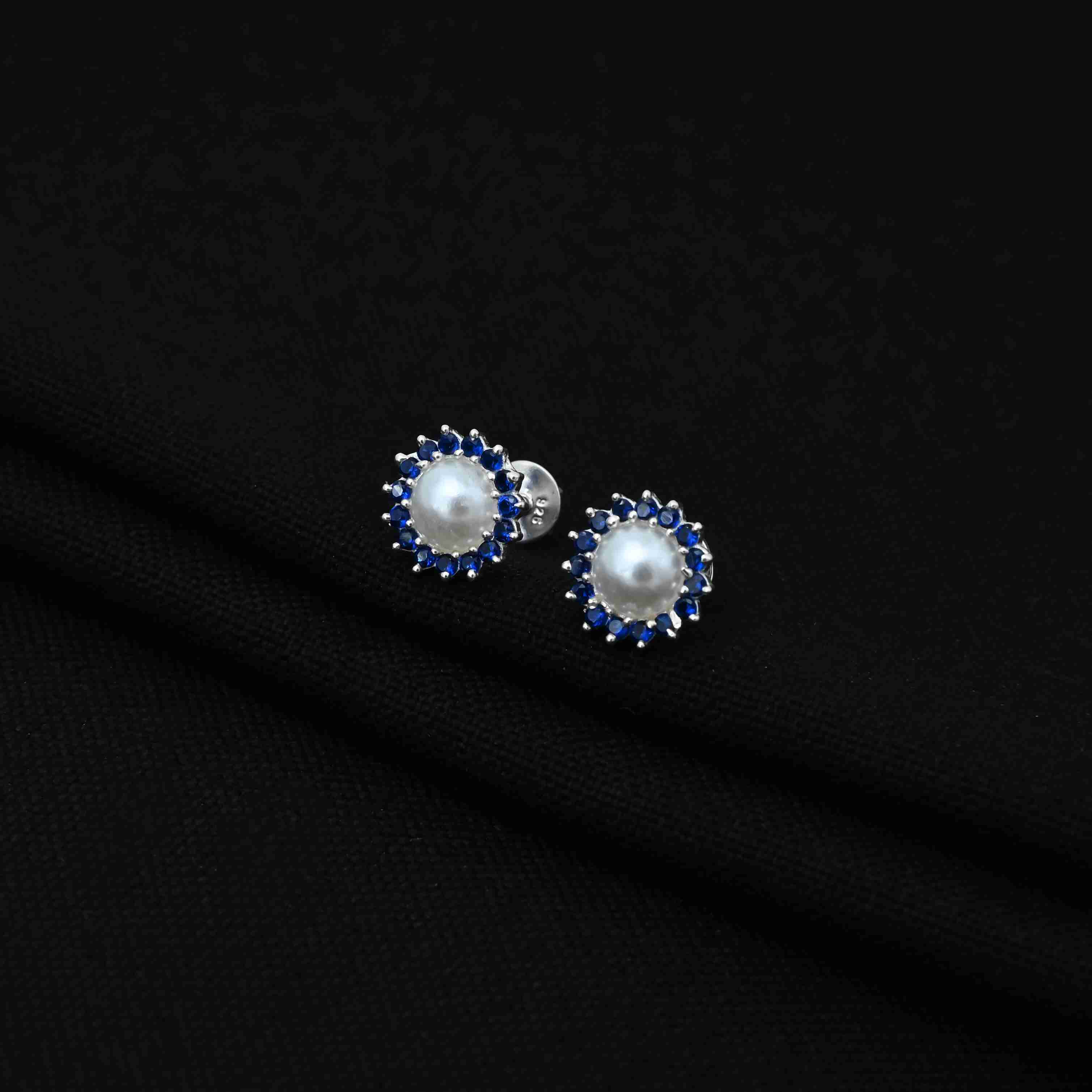 Silver Small Blue Stone on Edge Flower Design Earrings for Girls - Image 4