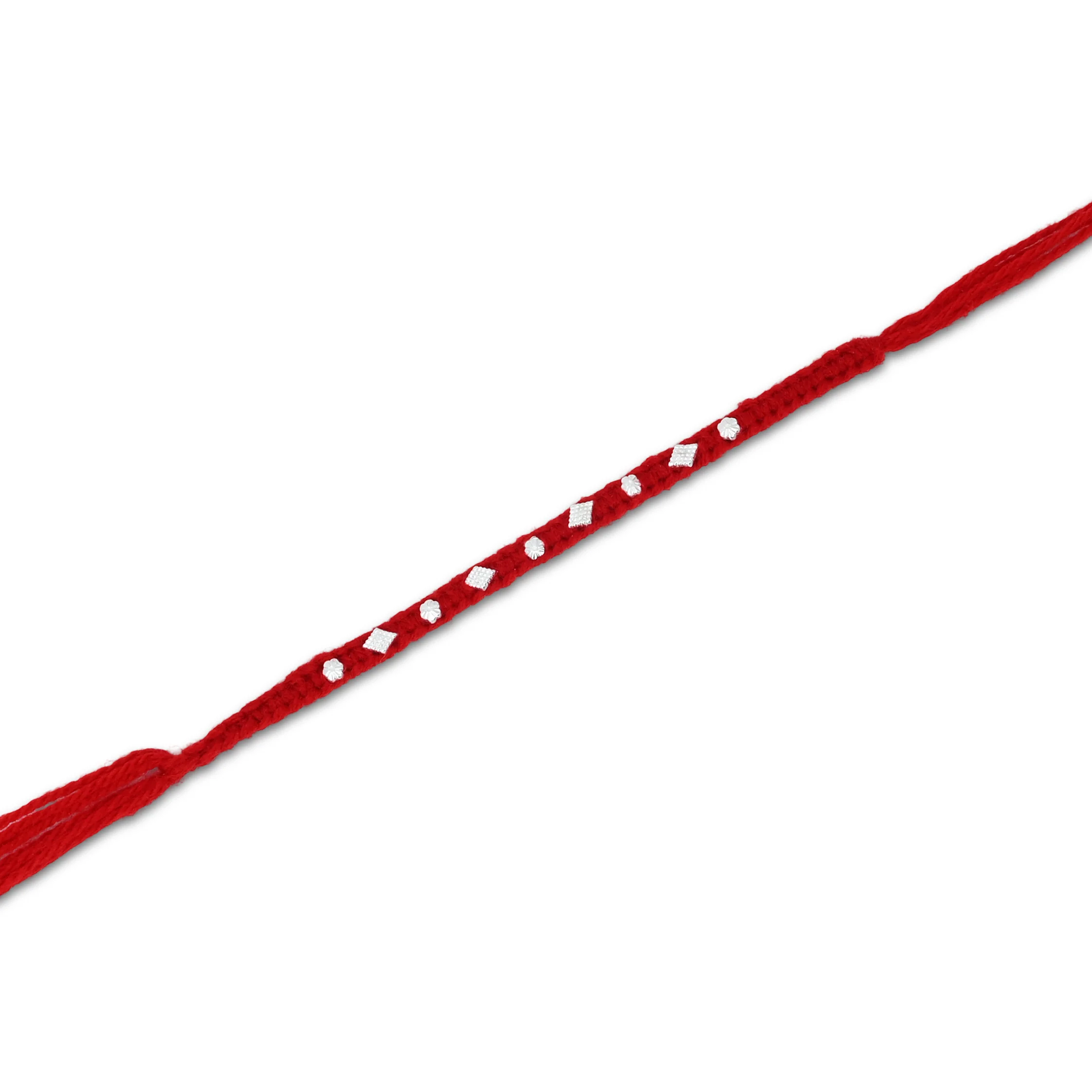 Silver Small Flower Design Beads with Red Thread Rakhi for Boys - Image 2