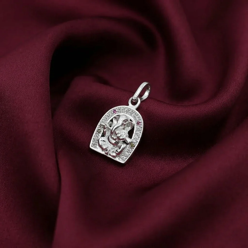 Silver Small Ping and Green Gem Stone Ganesh Ji Pendant