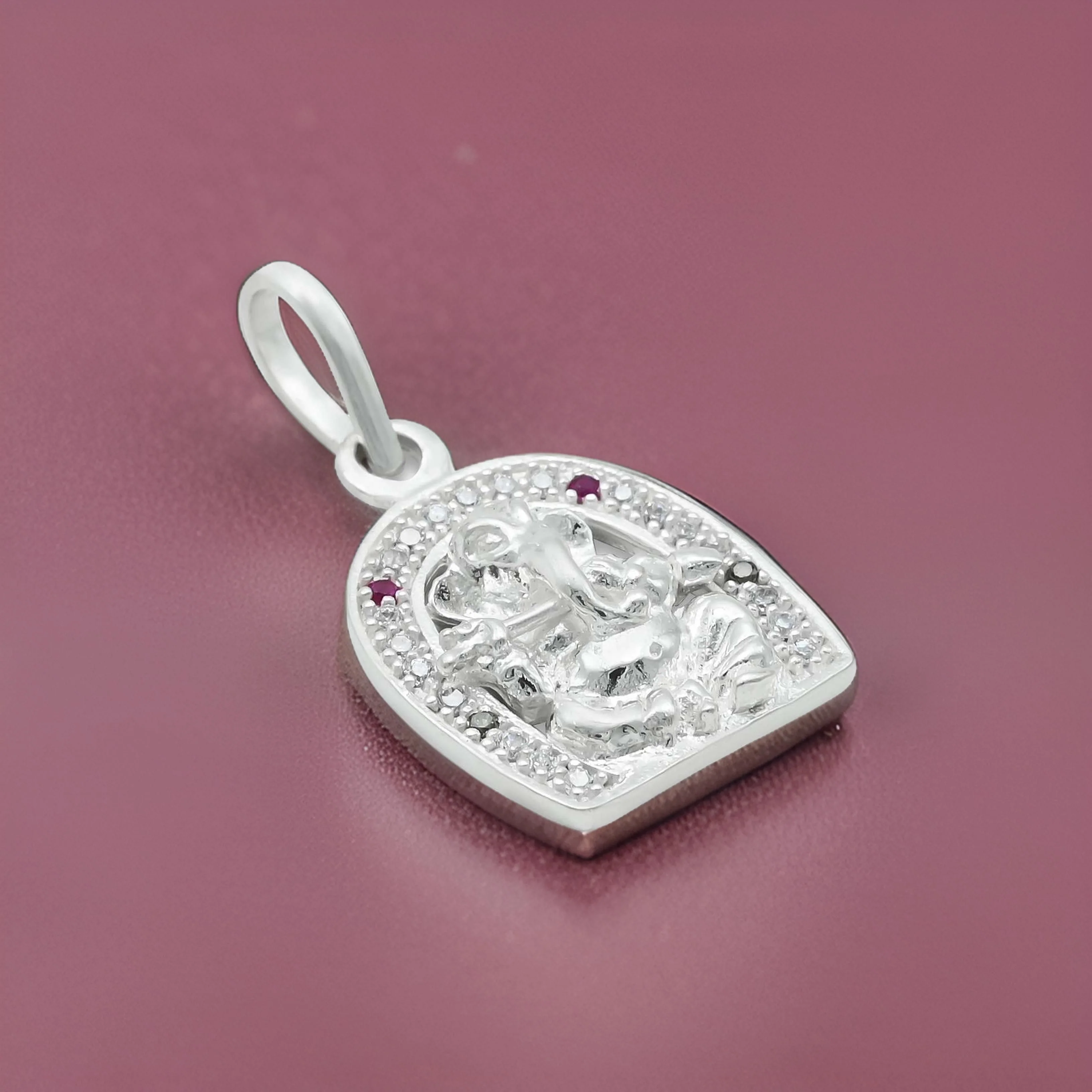 Silver Small Ping and Green Gem Stone Ganesh Ji Pendant - Image 2