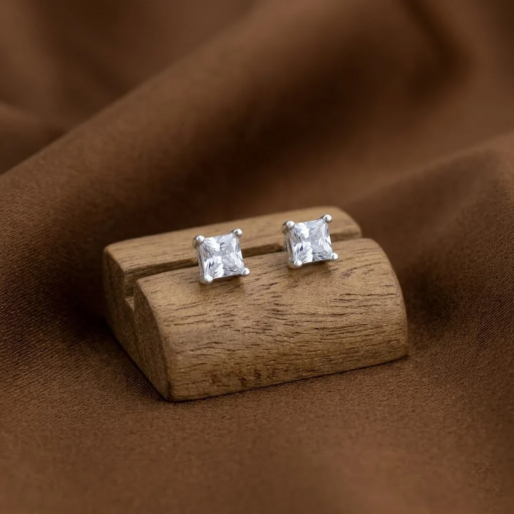 Silver Square Solitaire Earring