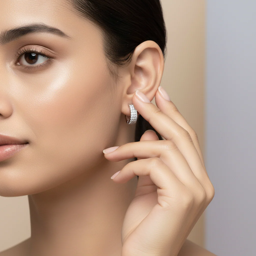 Silver Triple-Row CZ Hoop Earrings - Image 3