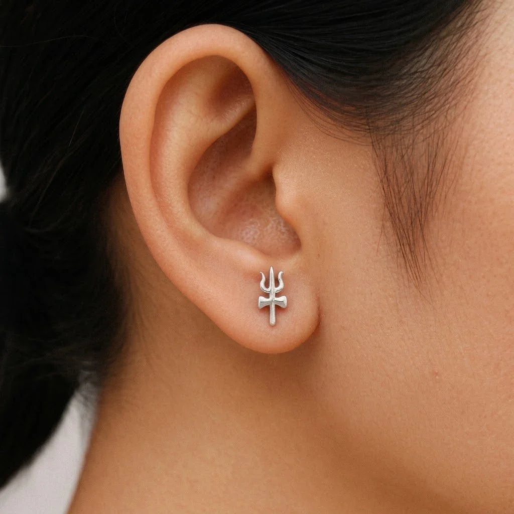 Silver Trishul Damru Divine Stud Earrings - Image 2