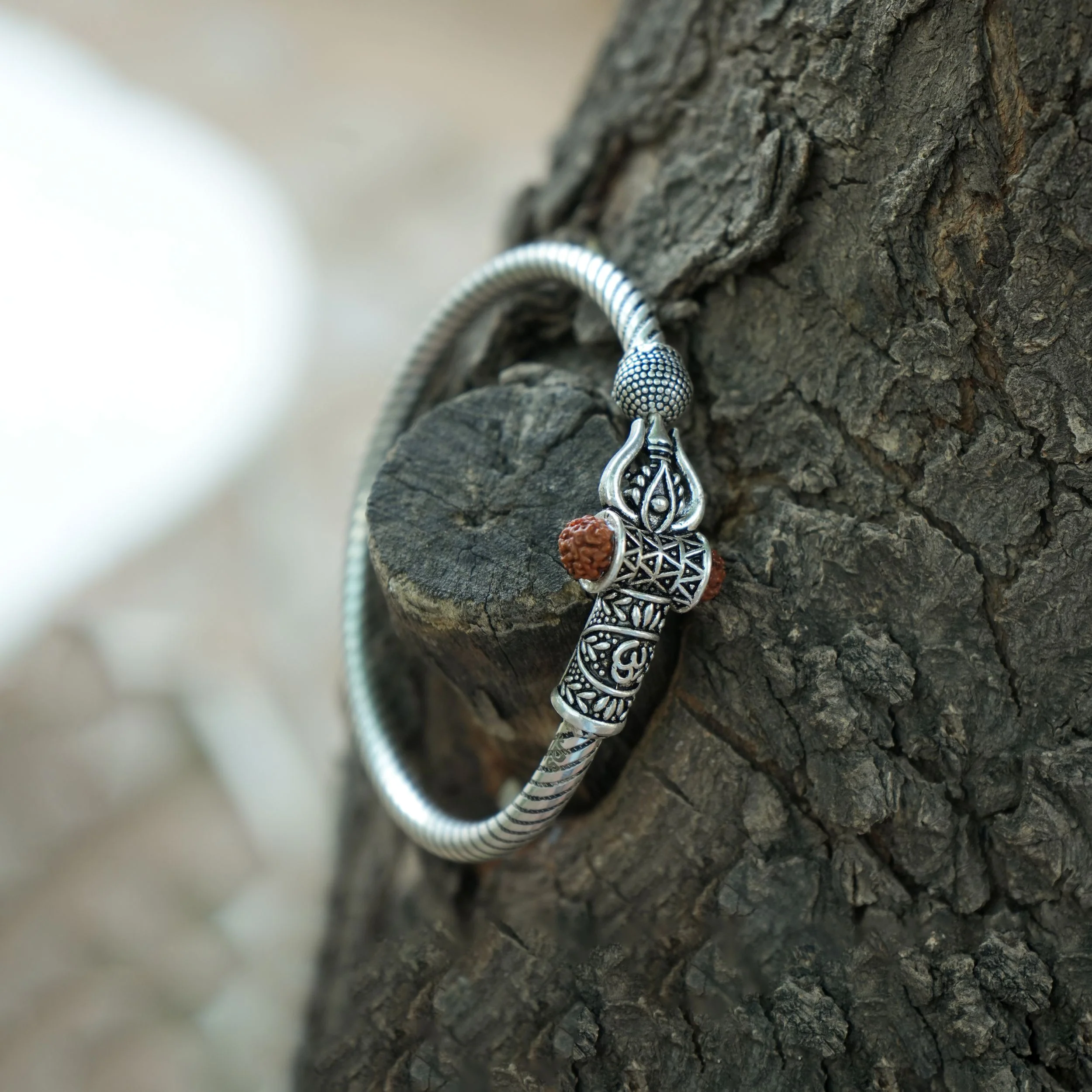 Spiritual Silver Kada with Trishul and Rudraksha