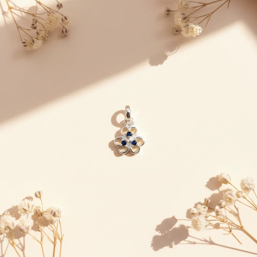 Sterling Silver Blue Stone Floral Pendant - Image 2