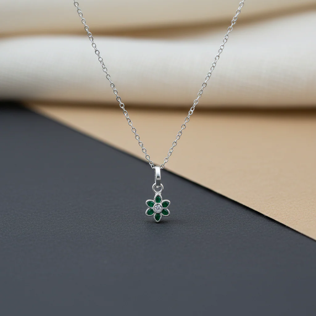 Sterling Silver Green Stone Floral Pendant - Image 5