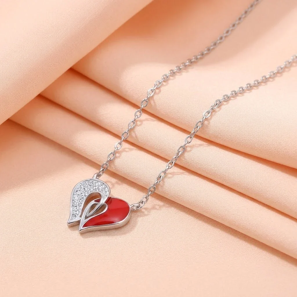 Sterling Silver Red White Heart Chain Pendant