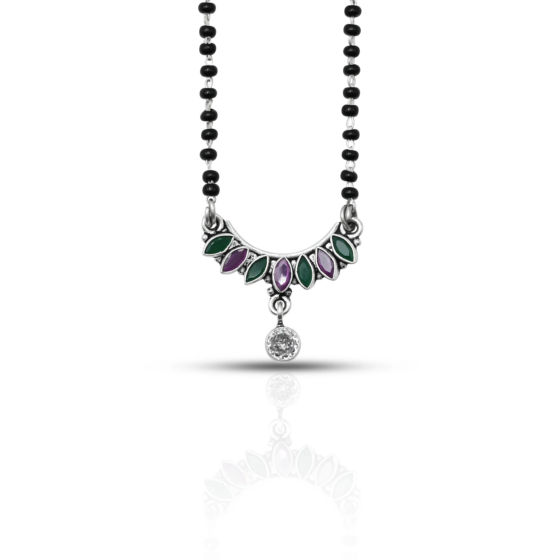 Sterling Silver Round Green and Purple leaf Gemstone Mangalsutra - Image 3