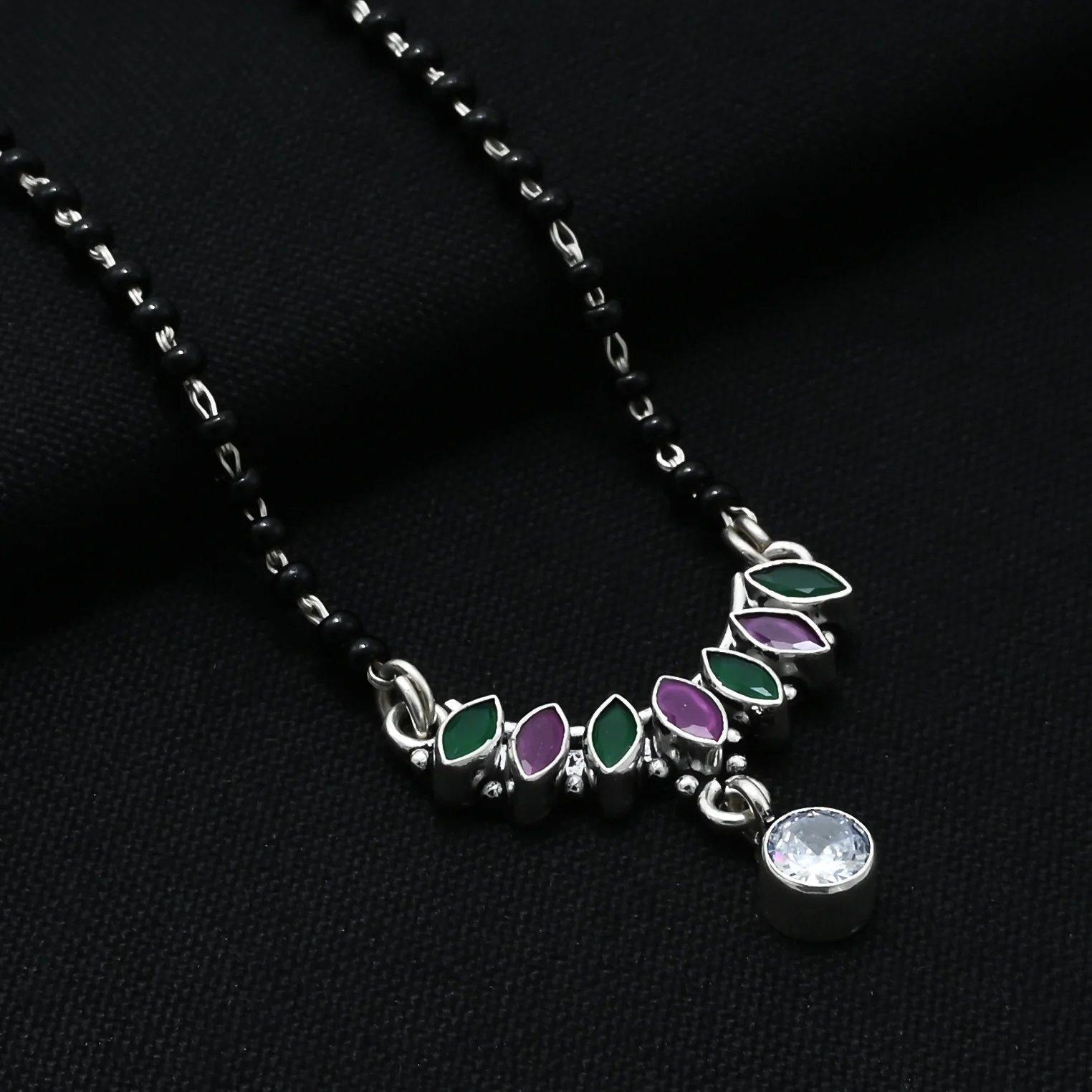 Sterling Silver Round Green and Purple leaf Gemstone Mangalsutra - Image 4
